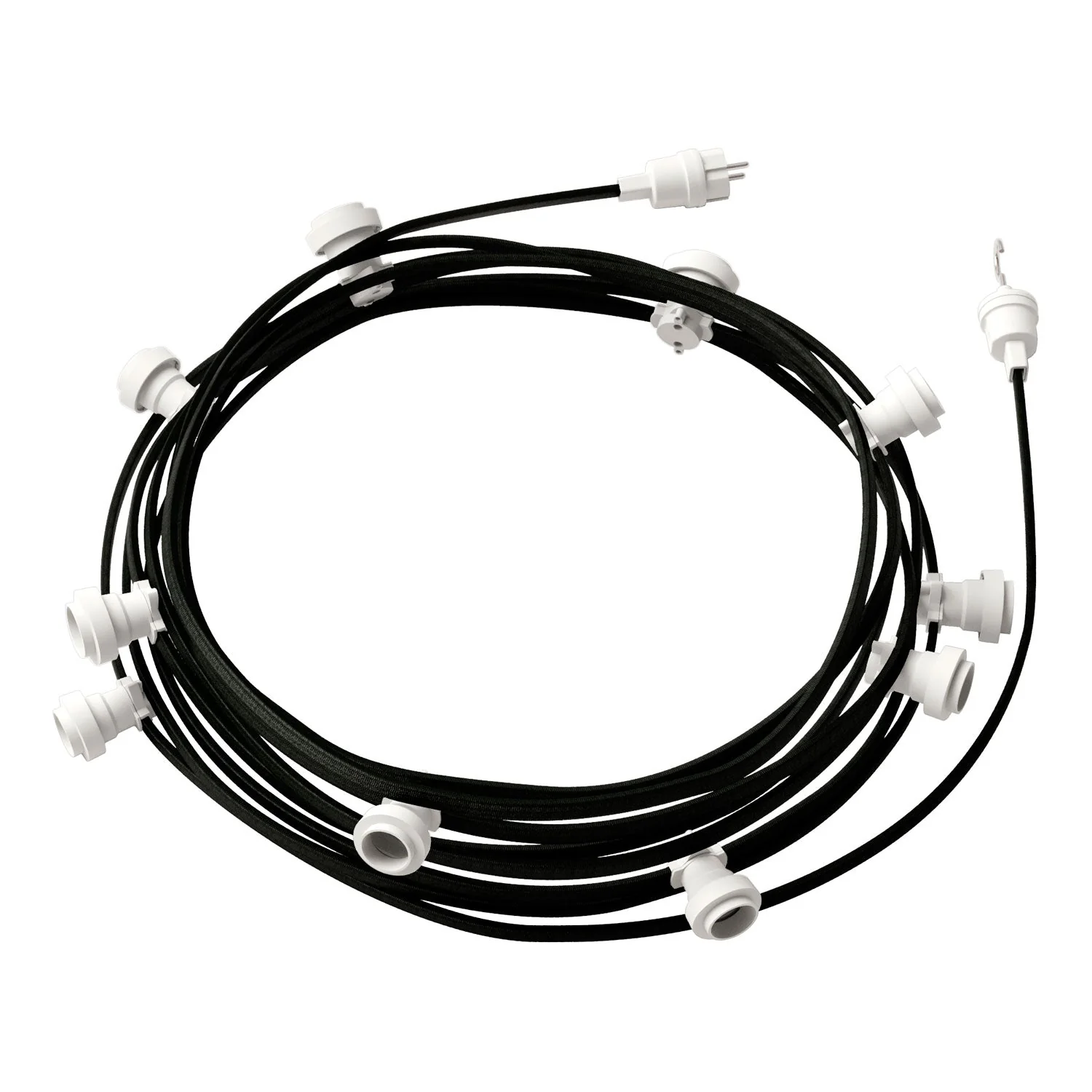 Catenaria Sistema Lumet da 12,5 m con cavo tessile CM04, 10 portalampada, gancio e spina bianchi