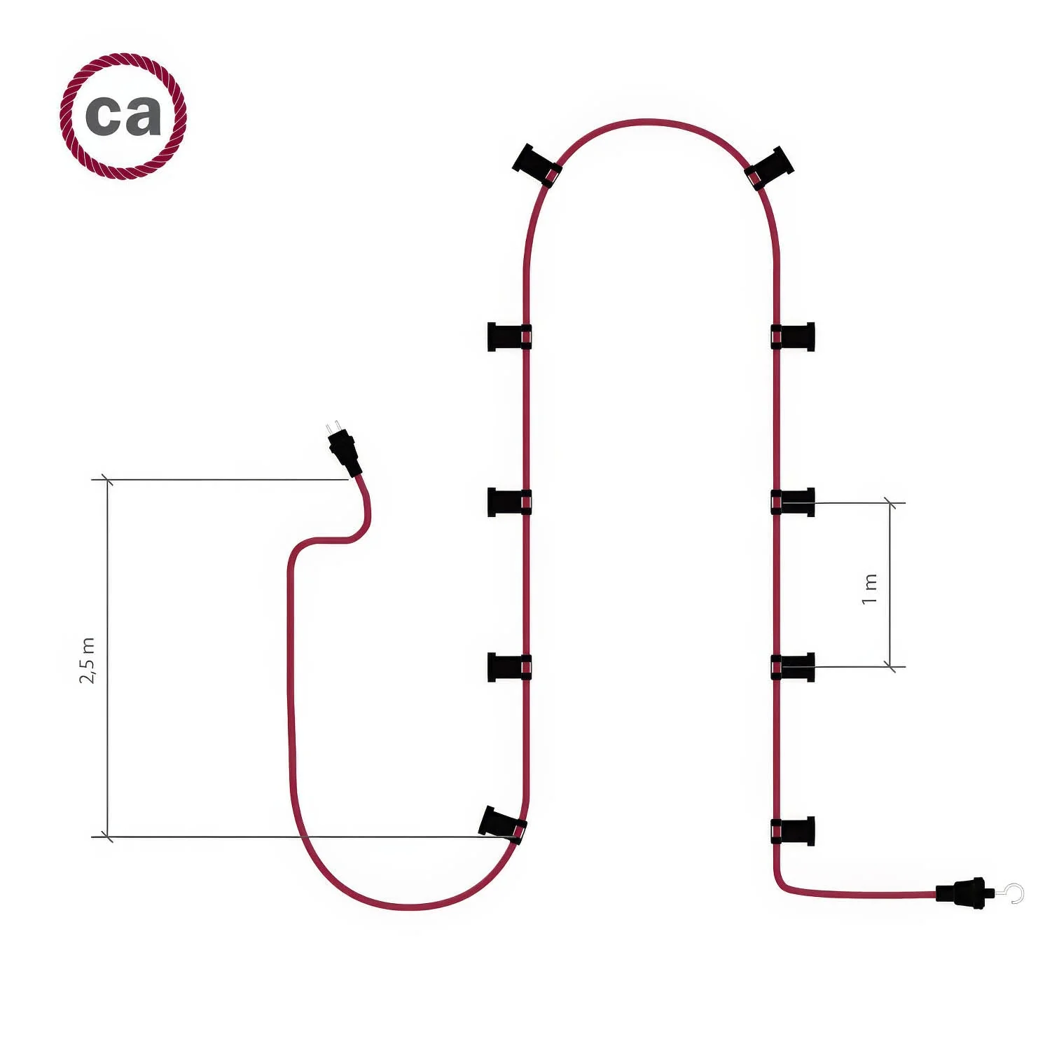 Catenaria Sistema Lumet da 12,5 m con cavo tessile CM05, 10 portalampada, gancio e spina bianchi - Image 4