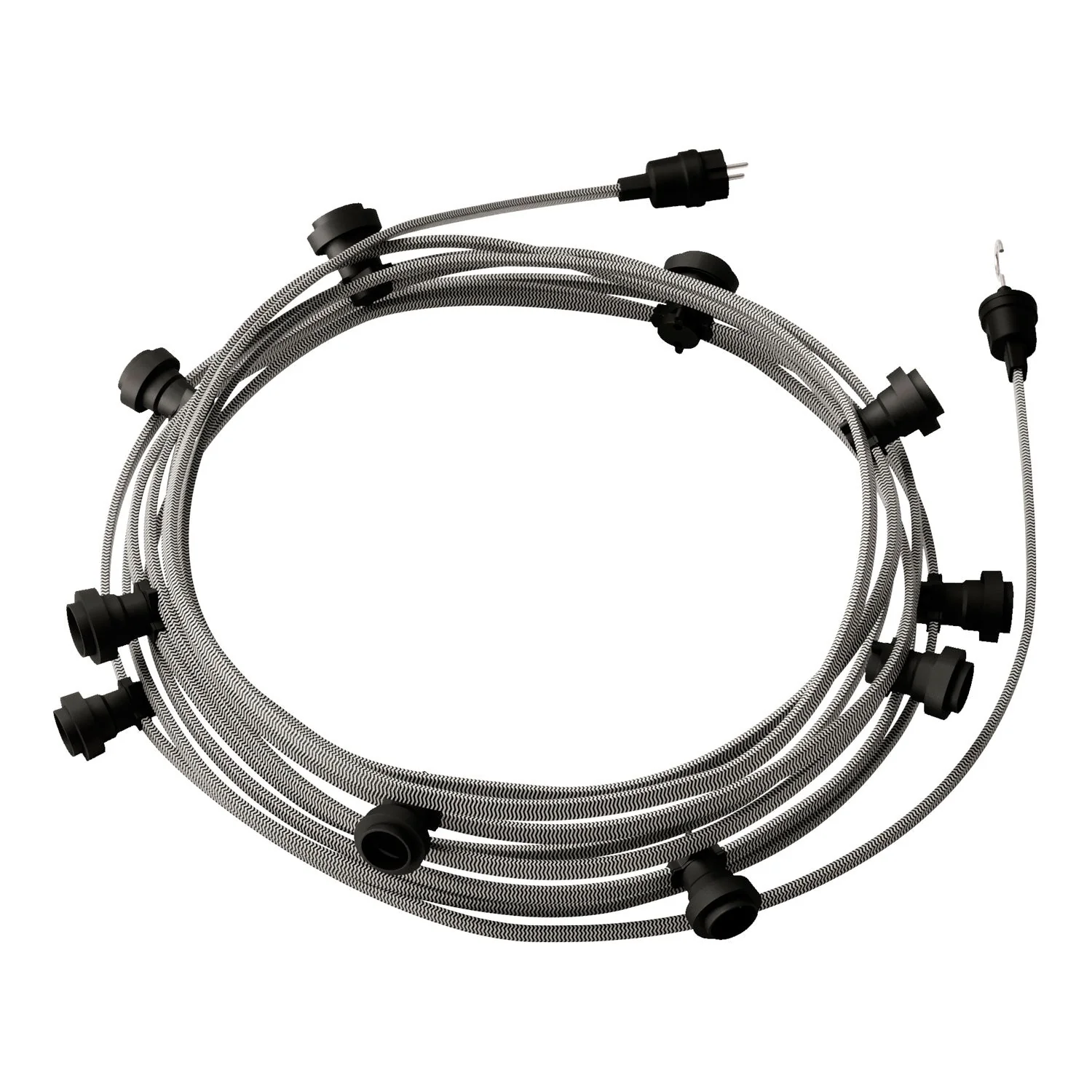 Catenaria Sistema Lumet da 12,5 m con cavo tessile CZ04, 10 portalampada, gancio e spina neri