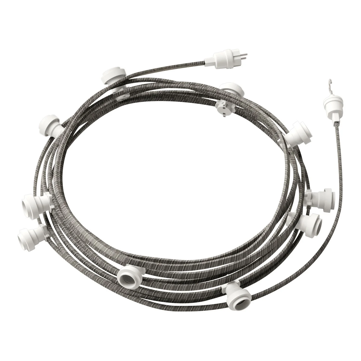 Catenaria Sistema Lumet da 12,5 m con cavo tessile ECC37, 10 portalampada, gancio e spina bianchi