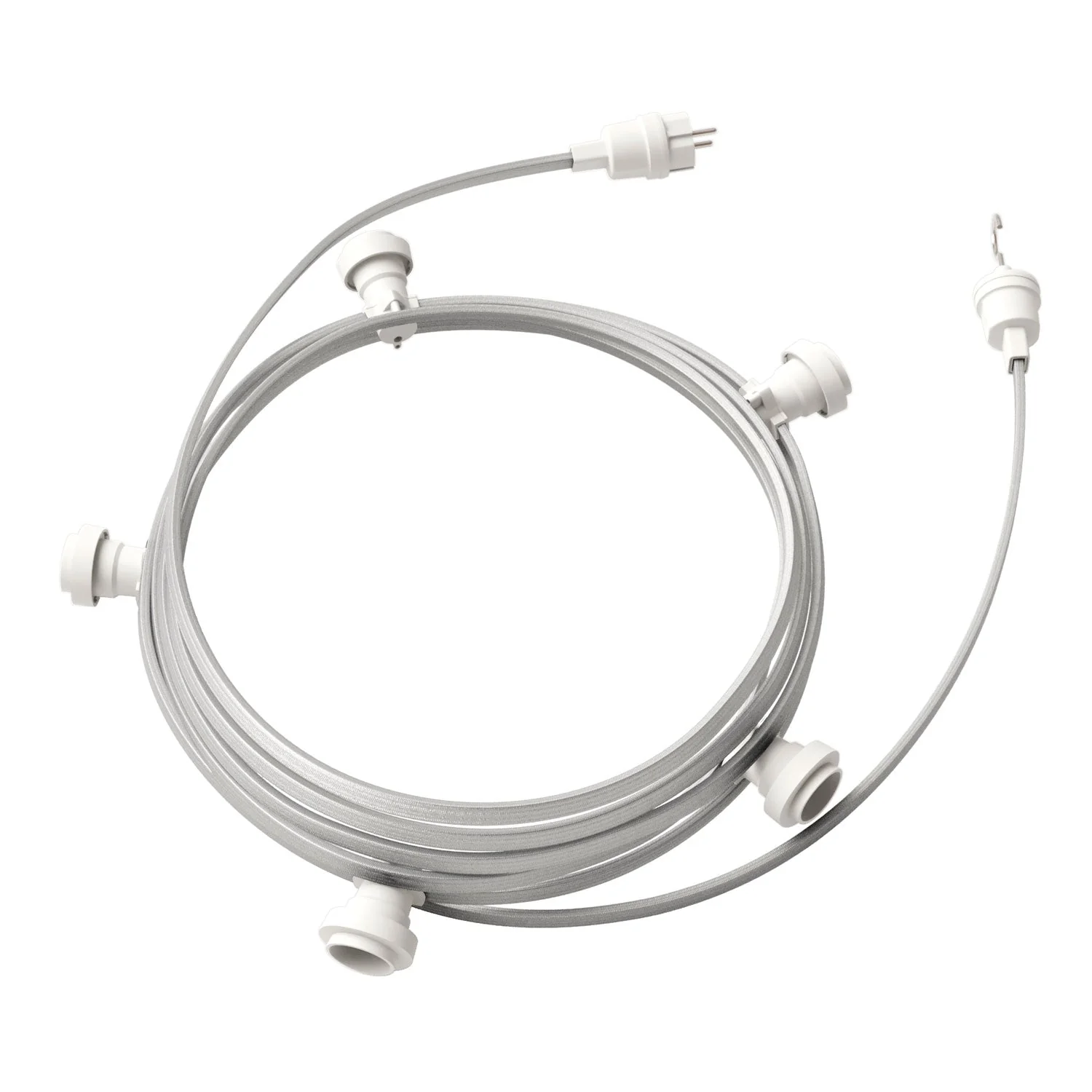 Catenaria Sistema Lumet da 7,5 m con cavo tessile CM02, 5 portalampada, gancio e spina bianchi