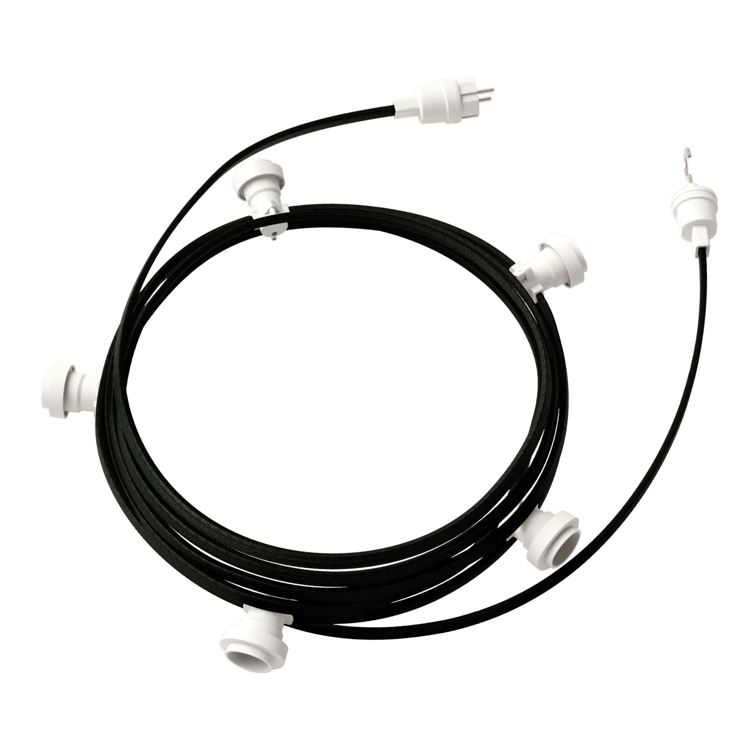 Catenaria Sistema Lumet da 7,5 m con cavo tessile CM04, 5 portalampada, gancio e spina bianchi