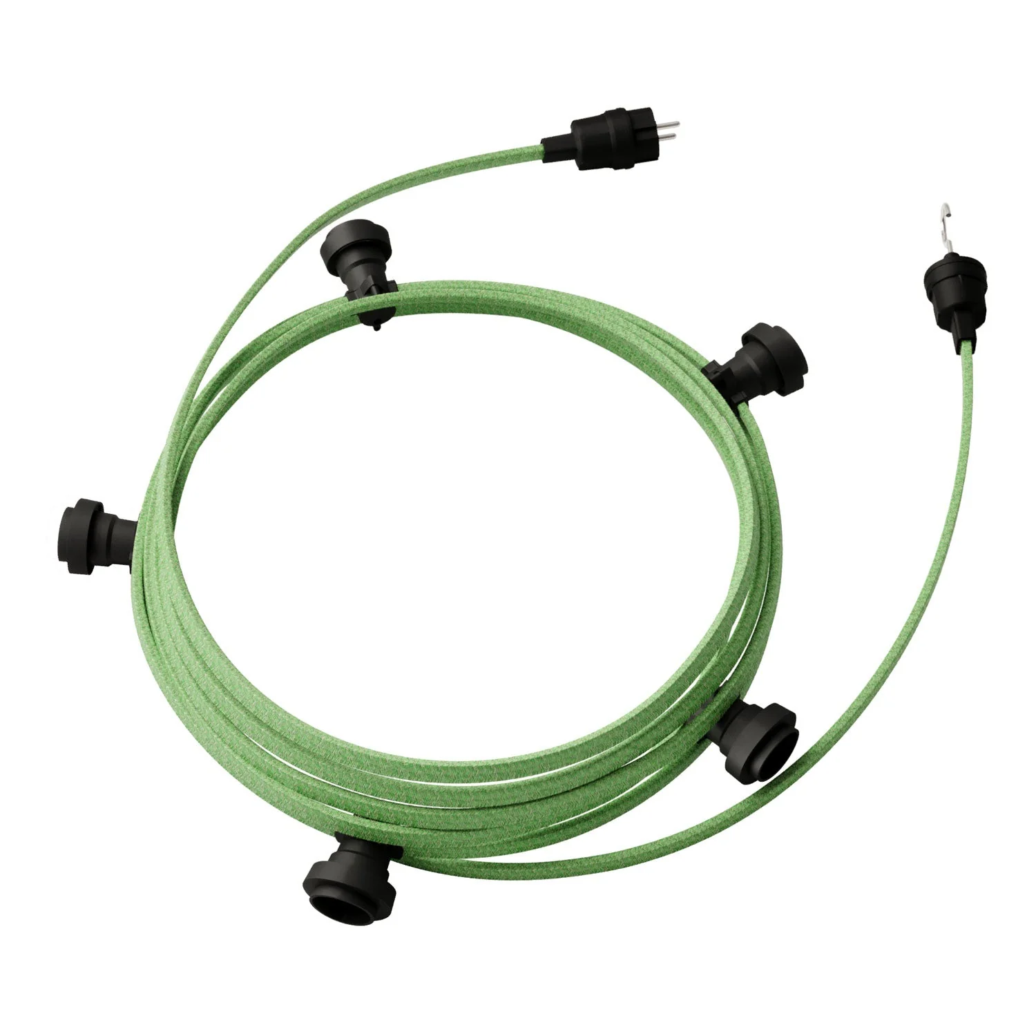 Catenaria Sistema Lumet da 7,5 m con cavo tessile CX08, 5 portalampada, gancio e spina neri