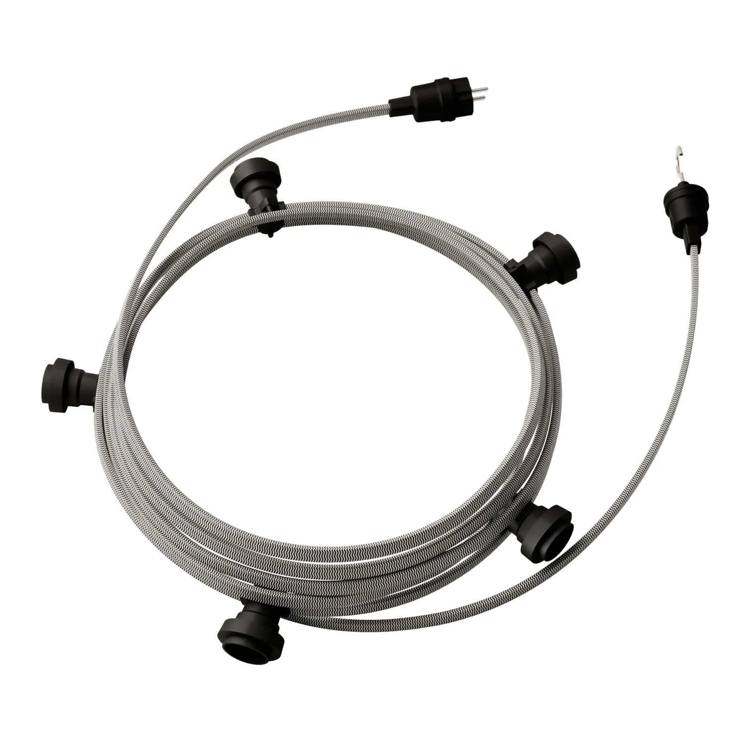 Catenaria Sistema Lumet da 7,5 m con cavo tessile CZ04, 5 portalampada, gancio e spina neri