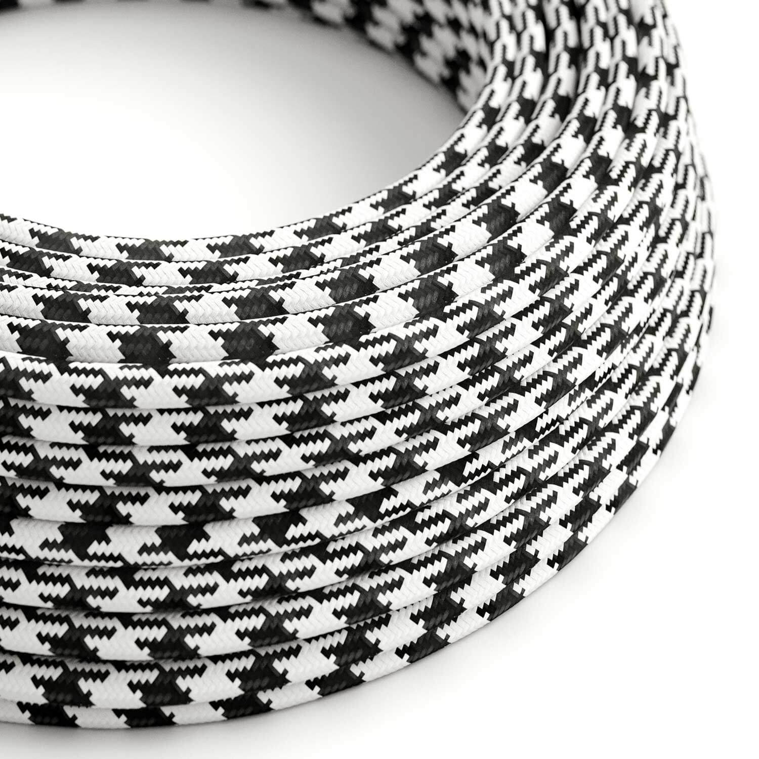 Cavo colorato in tessuto Bianco Ottico e Nero Carbone Pied de Poule lucido - L'Originale Creative Cables - RP04