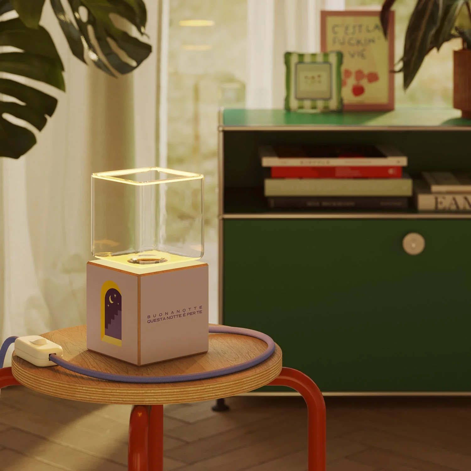 Cubetto table lamp with US plug, "Buonanotte fiorellino" Ghost bulb - Santomanifesto - Image 2