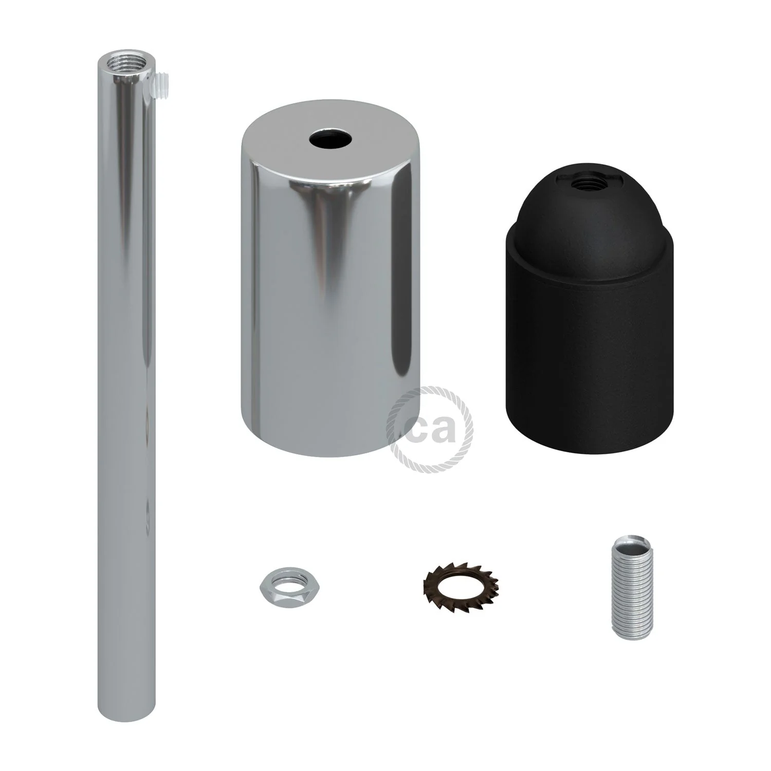 Cylindrical metal UL E26 light bulb socket kit with 15 cm cable clamp - Chrome - Image 2