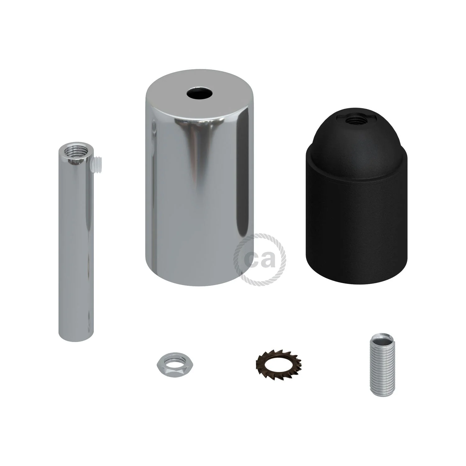 Cylindrical metal UL E26 light bulb socket kit with 7 cm cable clamp - Chrome - Image 2