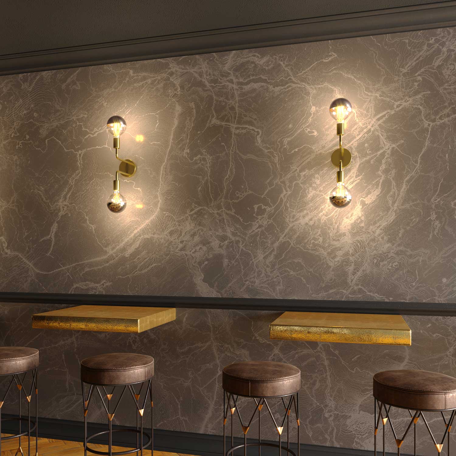 Fermaluce Metal, lampada a muro in metallo con doppia estensione curva - Ottone - Image 2