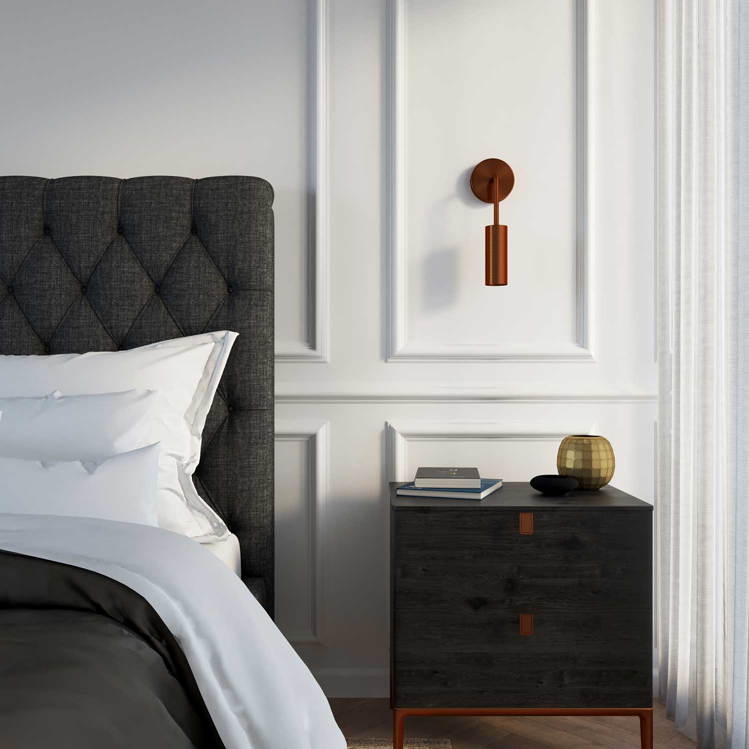 Fermaluce Metal, lampada a muro in metallo con estensione curva e paralume Tub-E14 - Rame satinato - Image 2