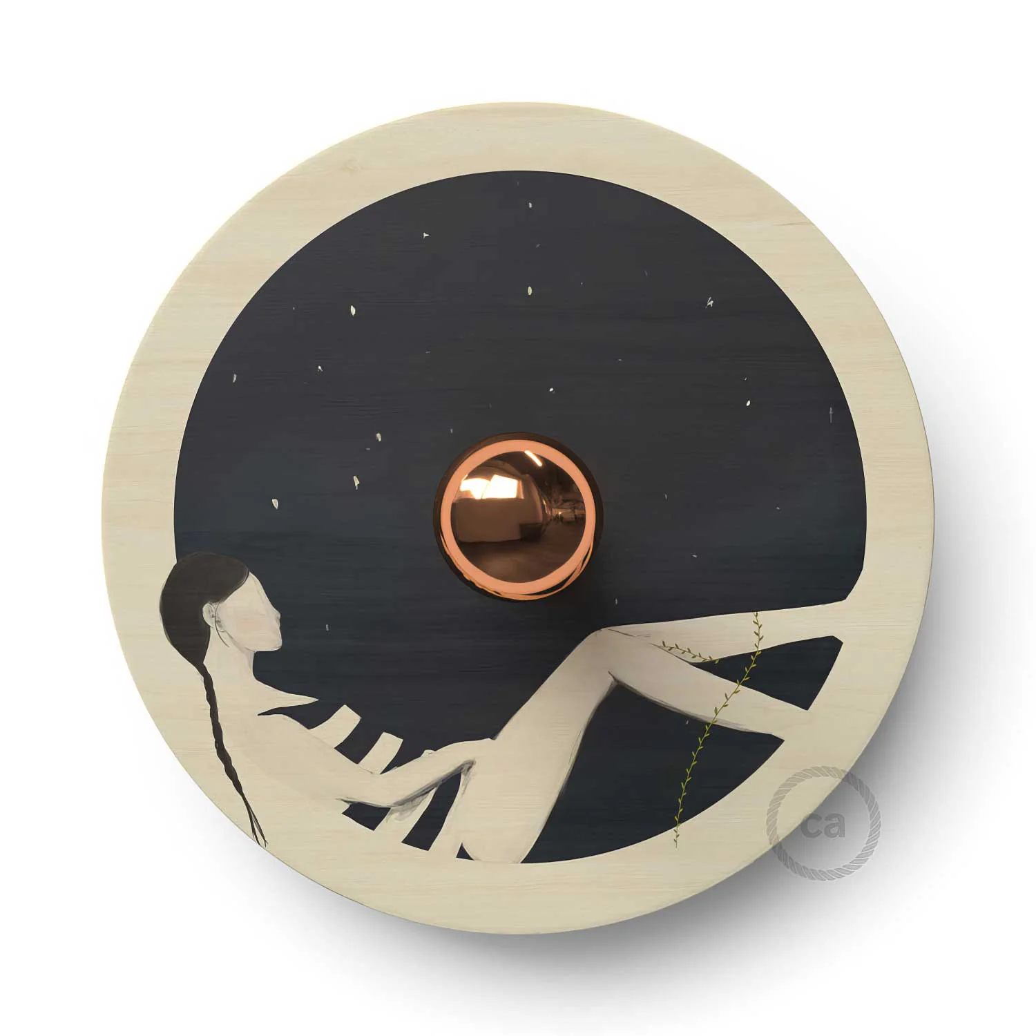 Fermaluce Romantic con paralume UFO in legno double-face illustrato da Chiara Fucà - Image 4