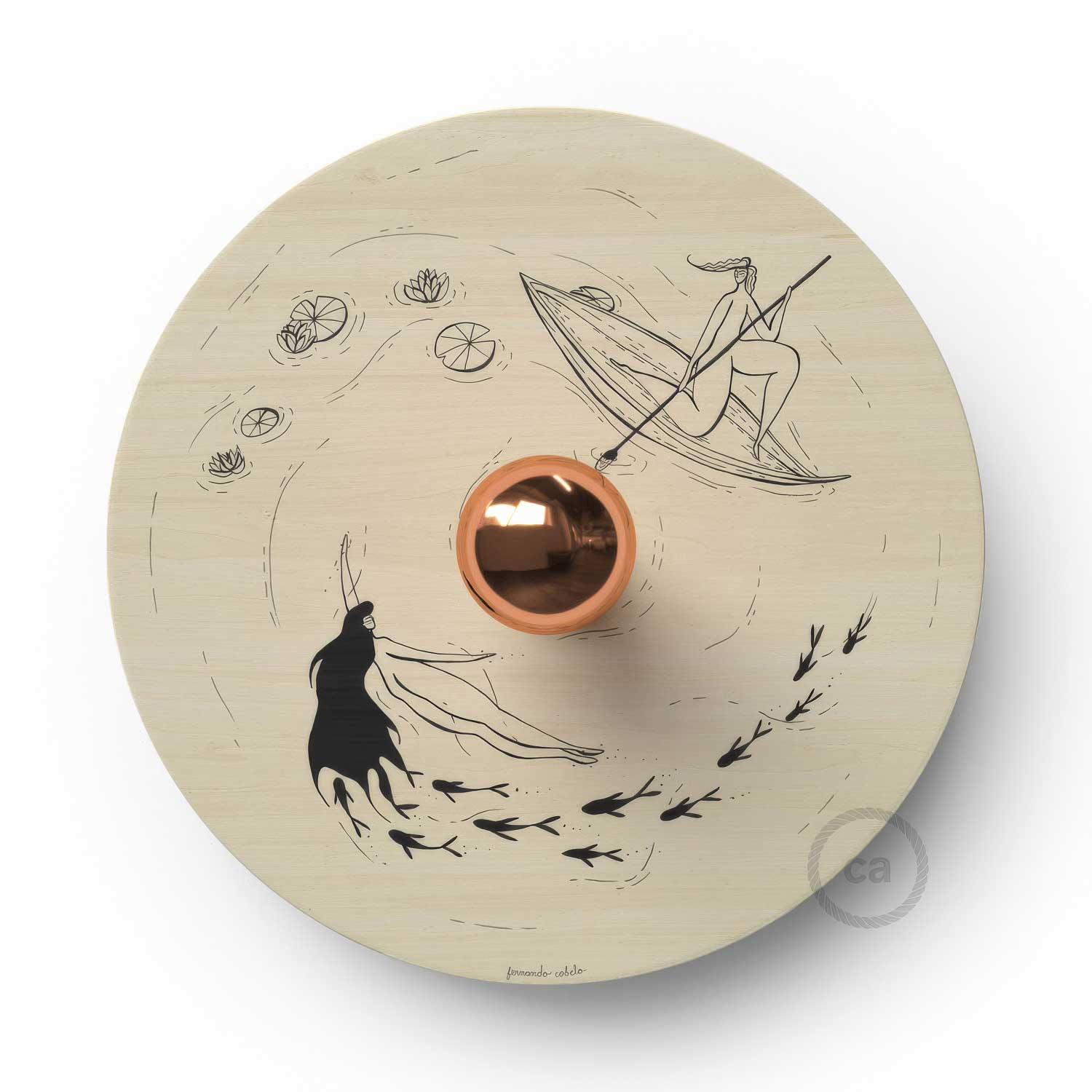 Fermaluce Romantic con paralume UFO in legno double-face illustrato da Fernando Cobelo - Image 4