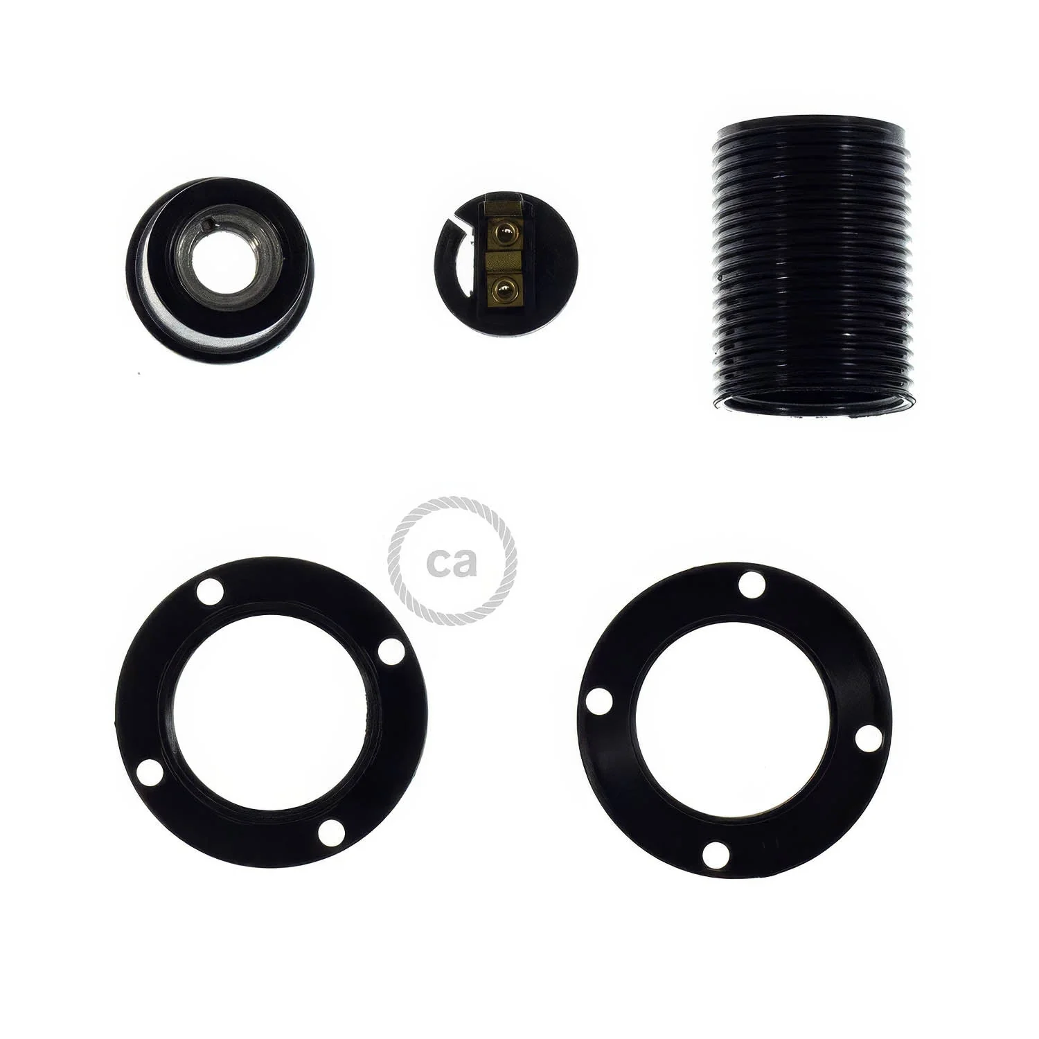 Kit portalampada E14 in bakelite con doppia ghiera per paralume - Nero - Image 2