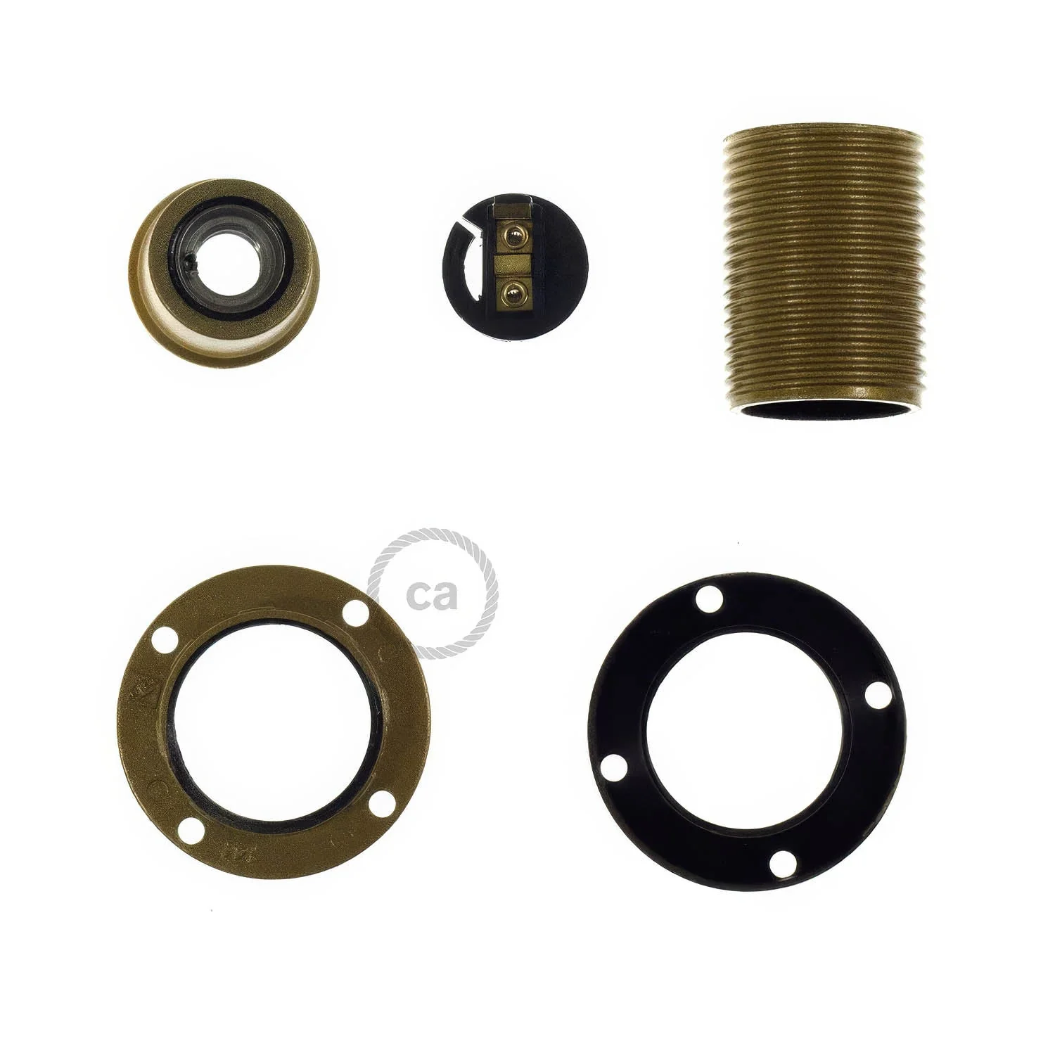 Kit portalampada E14 in bakelite con doppia ghiera per paralume - Oro - Image 2