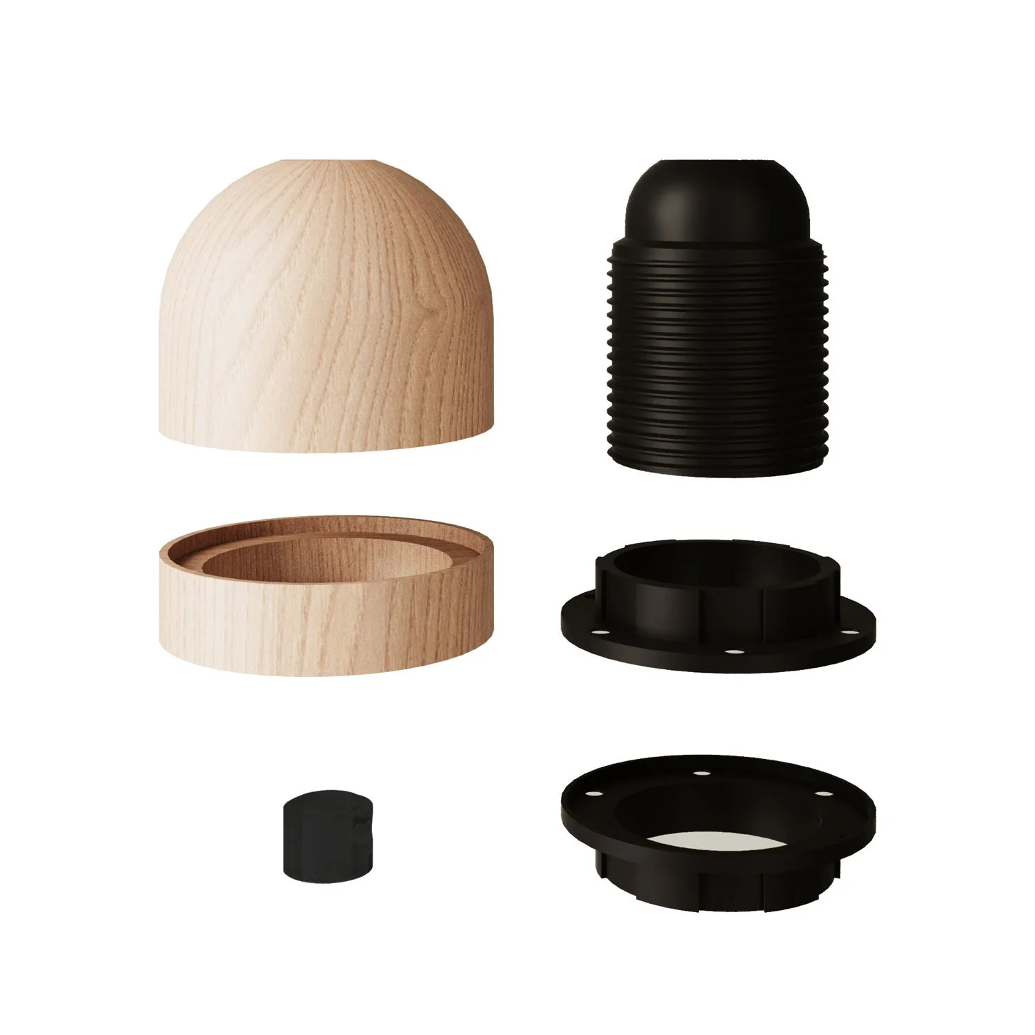Kit portalampada E27 filettato semisferico in legno con serracavo nascosto e coprighiera per paralume - Neutro - Image 2