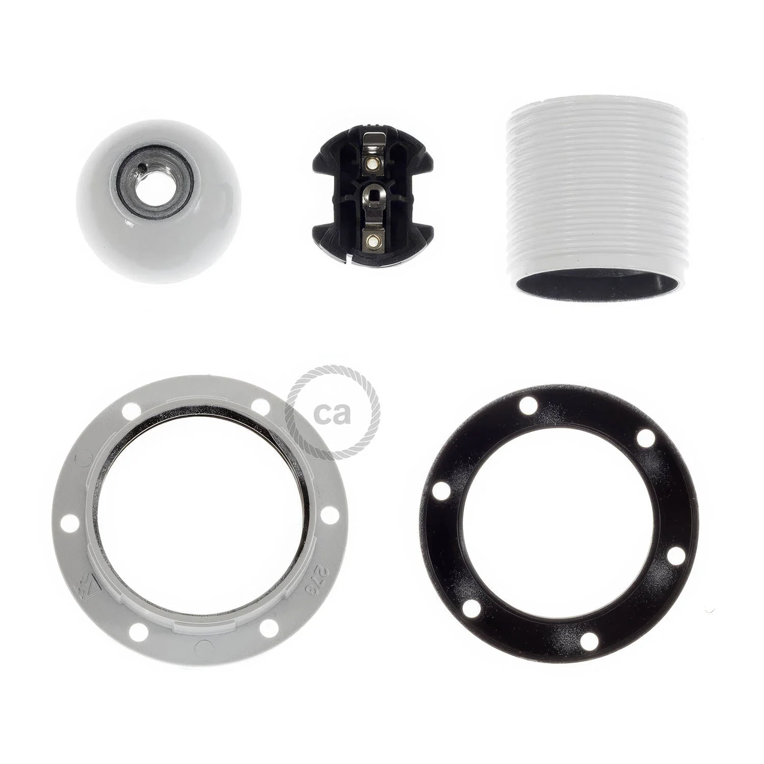 Kit portalampada E27 in bakelite con doppia ghiera per paralume - Bianco - Image 2