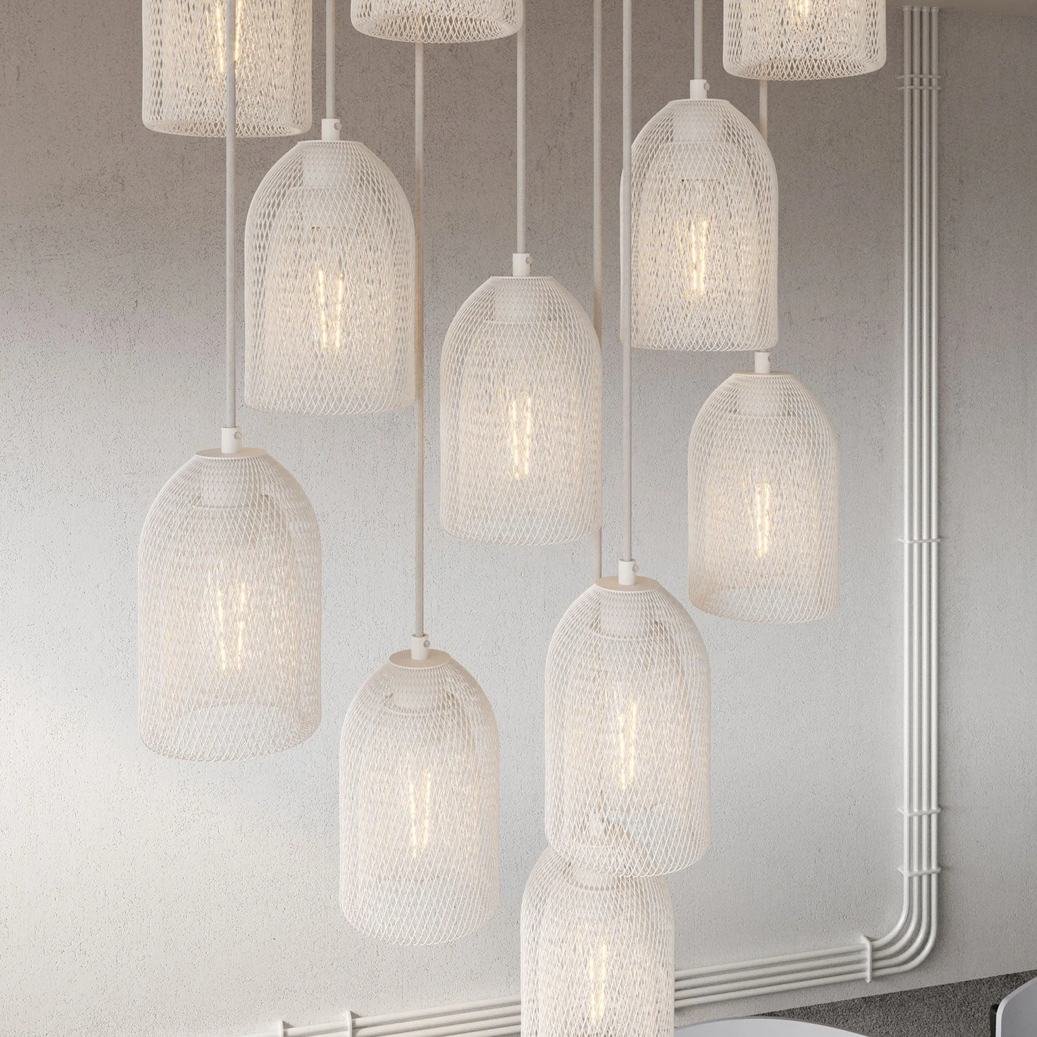 Lampada a sospensione a 11 cadute con XXL Rose-One rettangolare 675 mm con paralume in metallo Ghostbell - Bianco opaco - Image 3