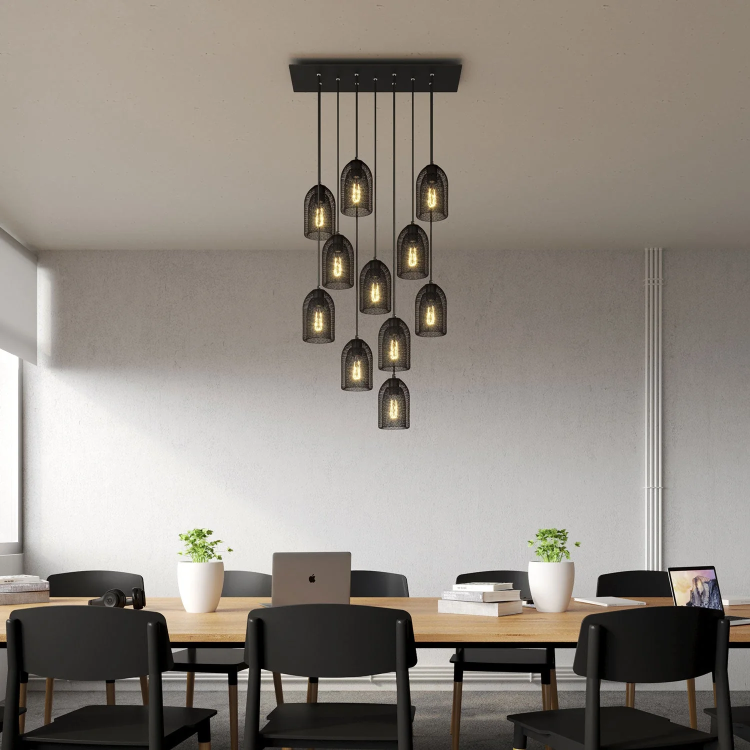 Lampada a sospensione a 11 cadute con XXL Rose-One rettangolare 675 mm con paralume in metallo Ghostbell - Nero opaco - Image 2