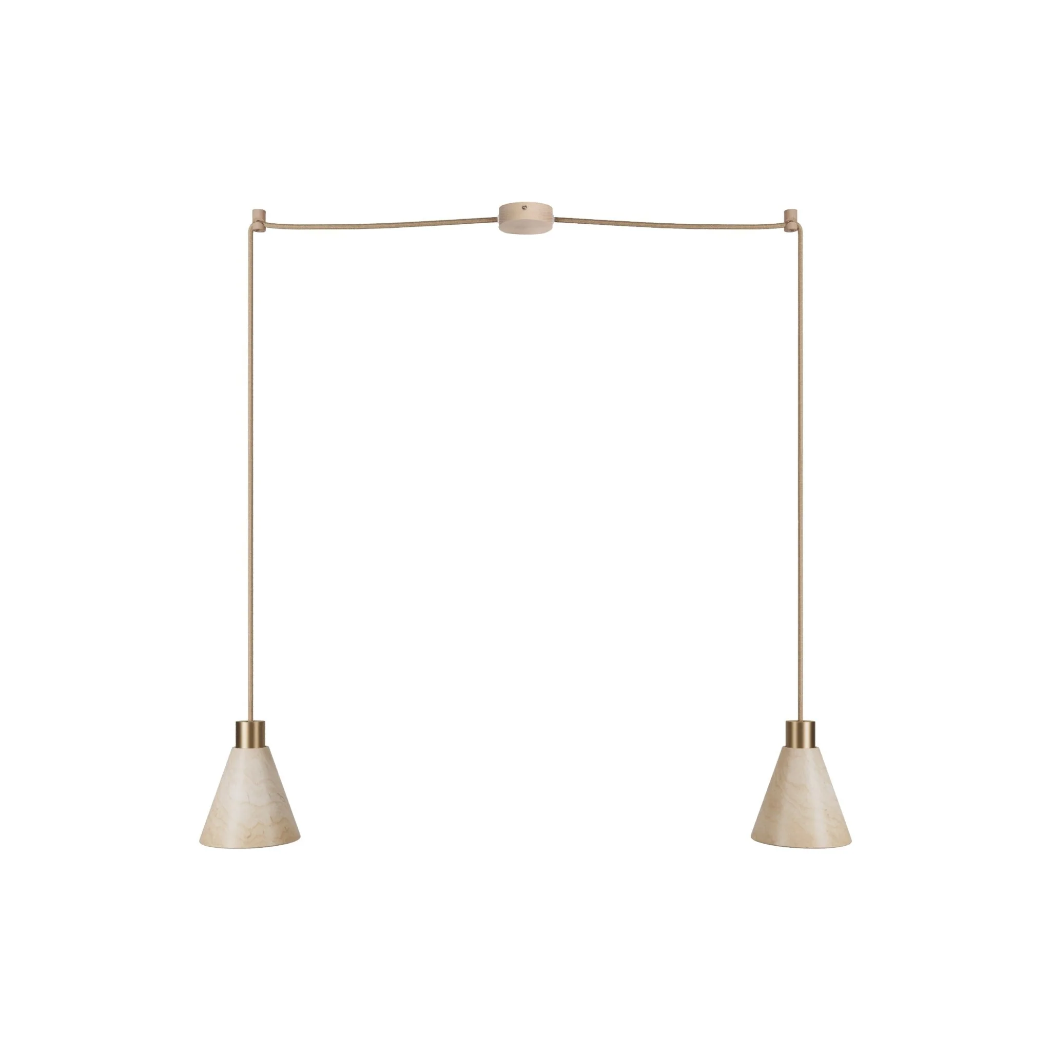 Lampada a sospensione a 2 cadute con paralumi conici in legno - Bronzo satinato