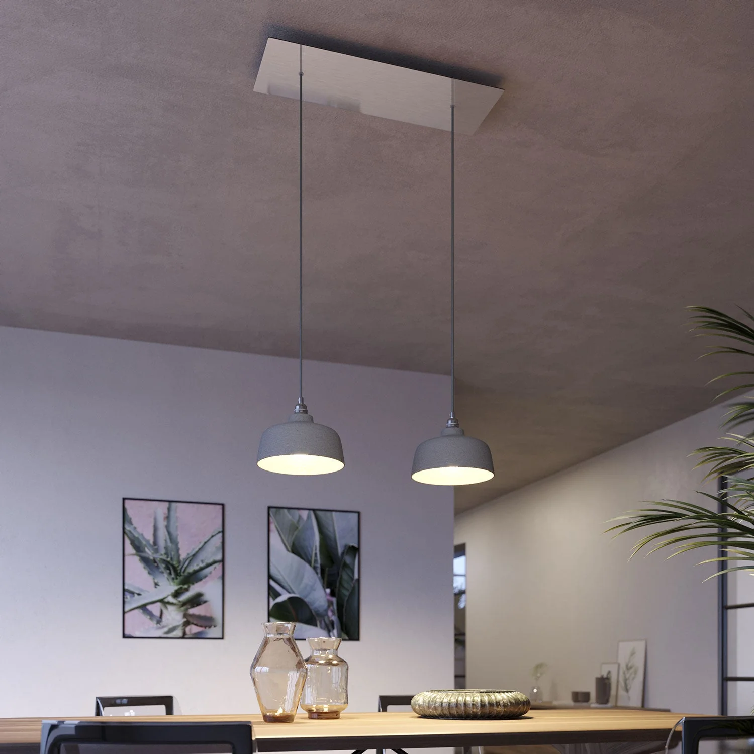 Lampada a sospensione a 2 cadute con XXL Rose-One rettangolare 675 mm con paralume Coppa - Acciaio satinato - Image 2