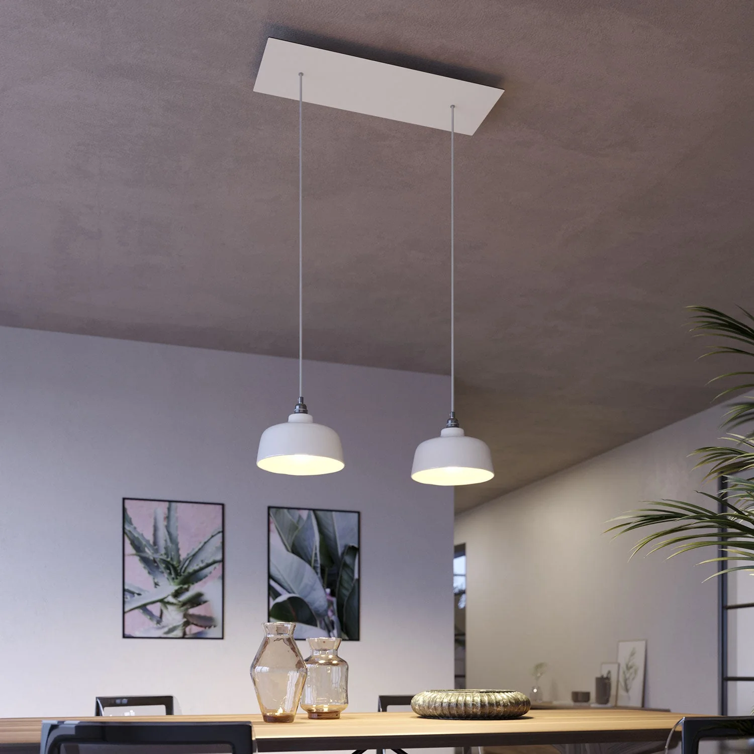 Lampada a sospensione a 2 cadute con XXL Rose-One rettangolare 675 mm con paralume Coppa - Bianco opaco - Image 2