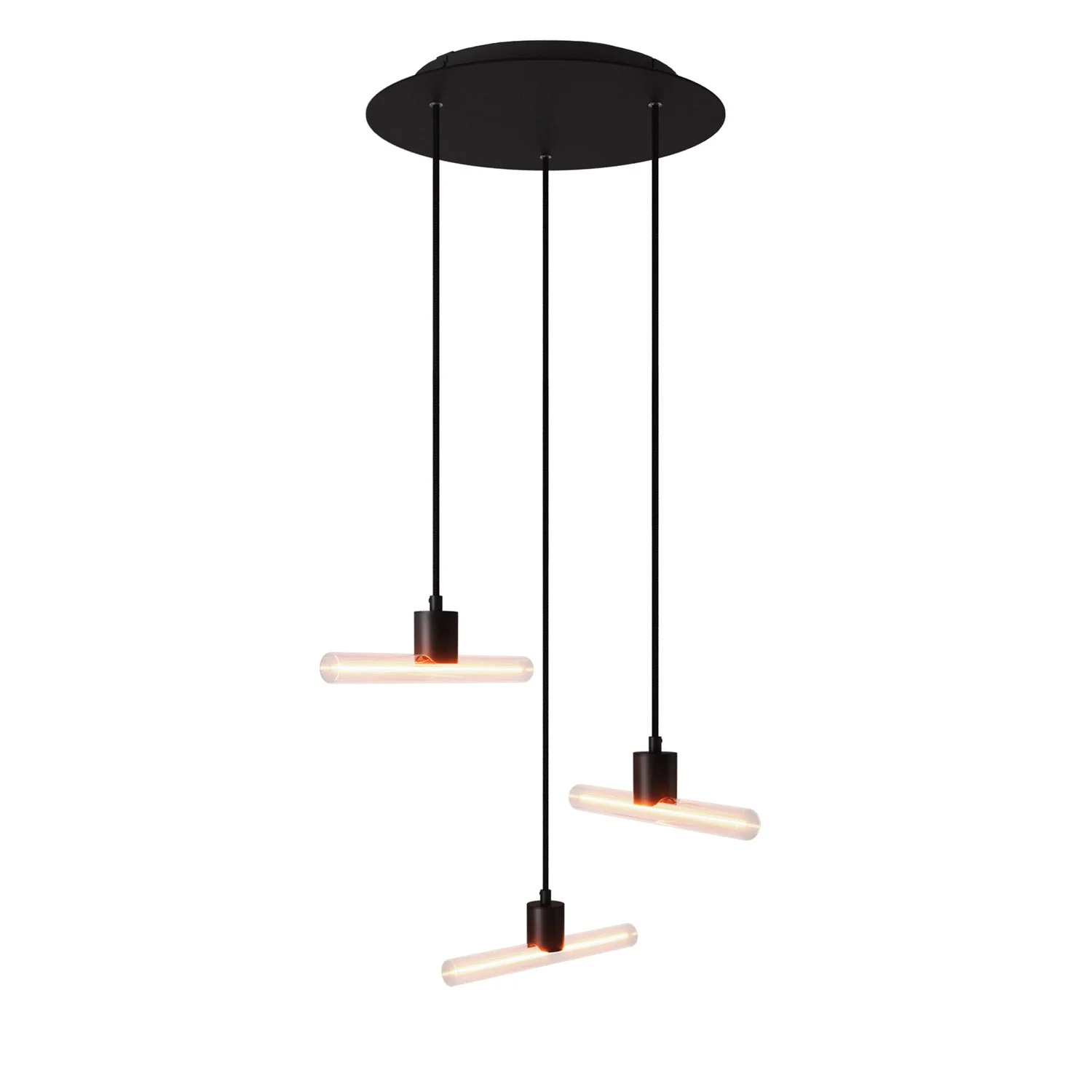 Lampada a sospensione a 3 cadute asimmetriche esse14 con Rose-One completa di cavo tessile e finiture in metallo - Nero