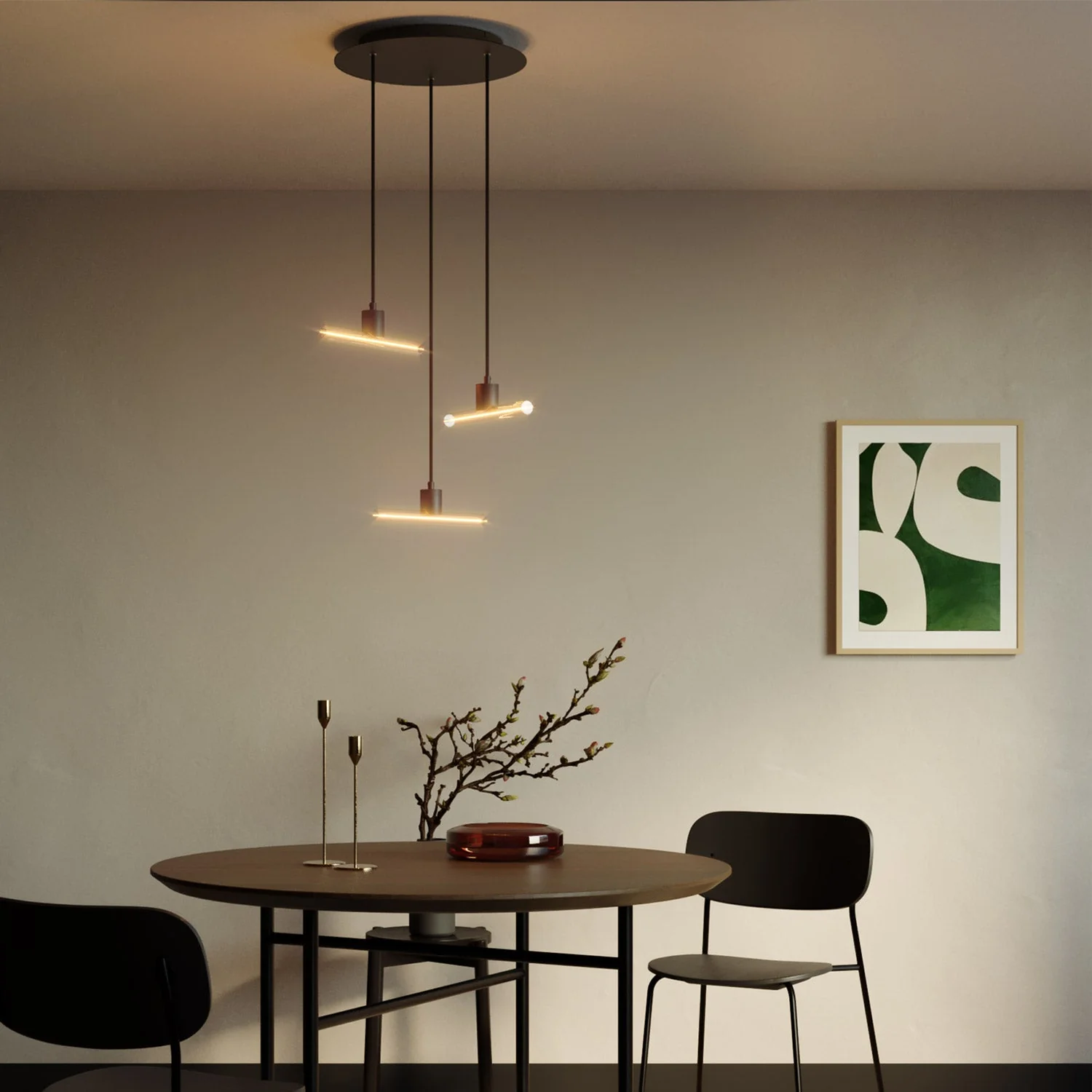 Lampada a sospensione a 3 cadute asimmetriche esse14 con Rose-One completa di cavo tessile e finiture in metallo - Nero - Image 2