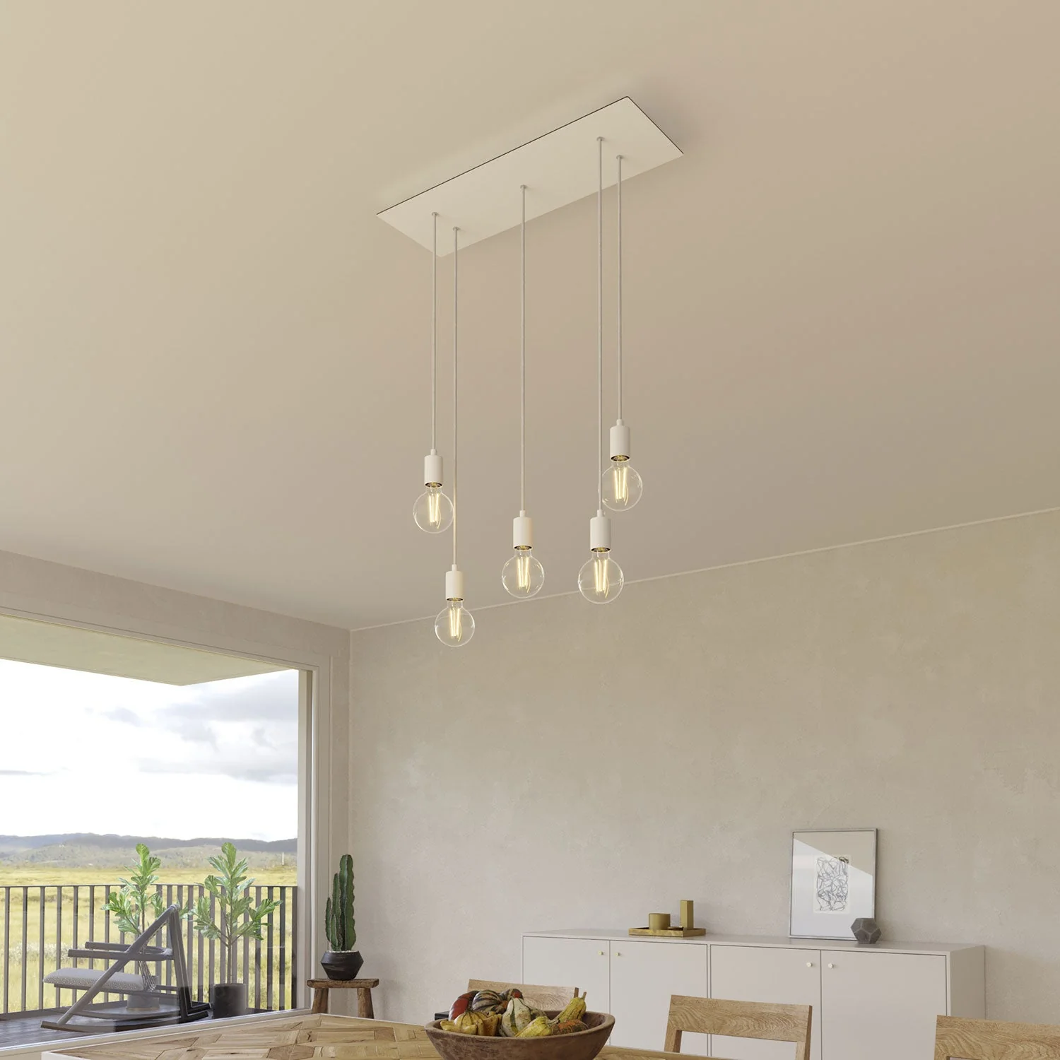 Lampada a sospensione a 5 cadute con XXL Rose-One rettangolare 675 mm con finiture in metallo - Bianco opaco - Image 2