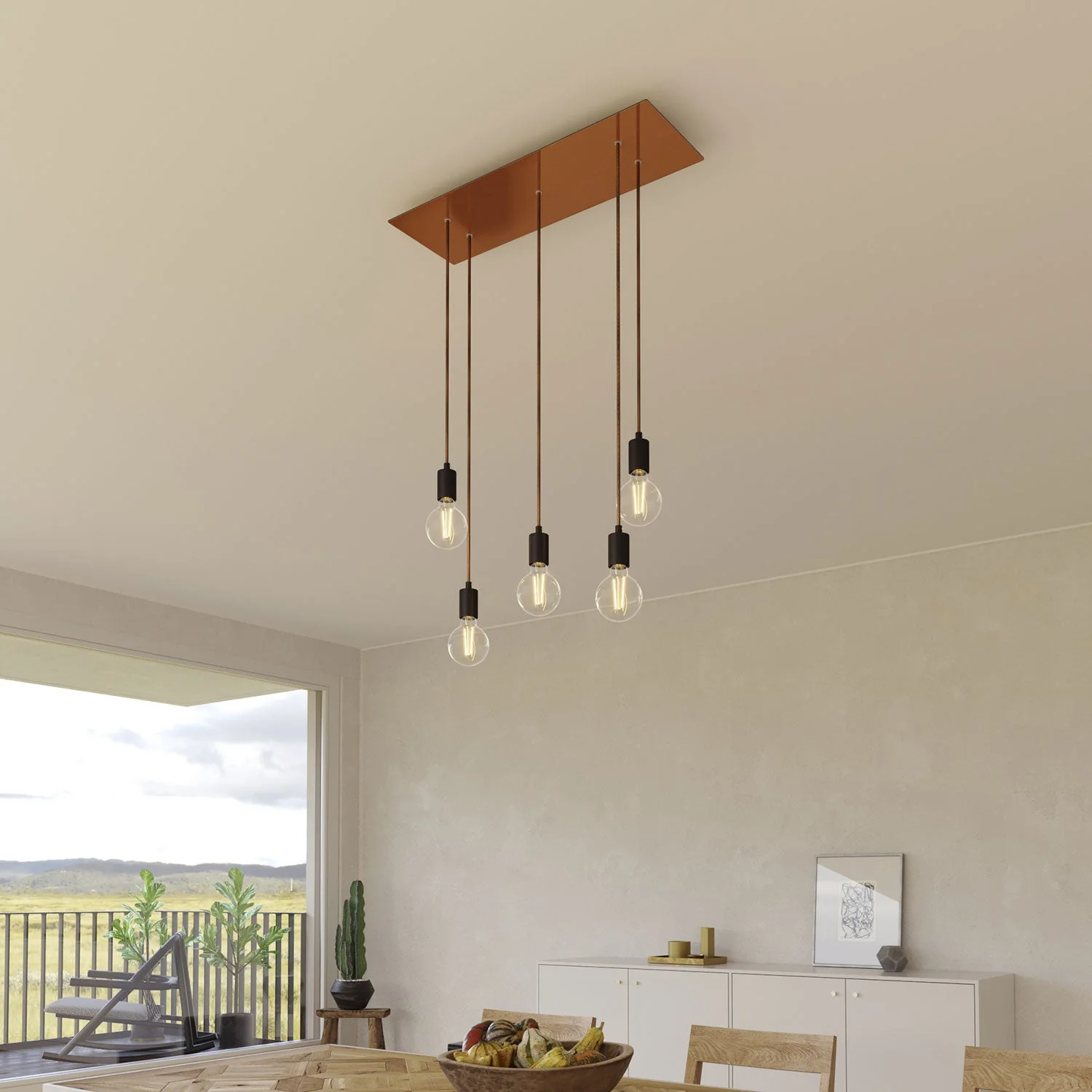 Lampada a sospensione a 5 cadute con XXL Rose-One rettangolare 675 mm con finiture in metallo - Rame satinato - Image 2