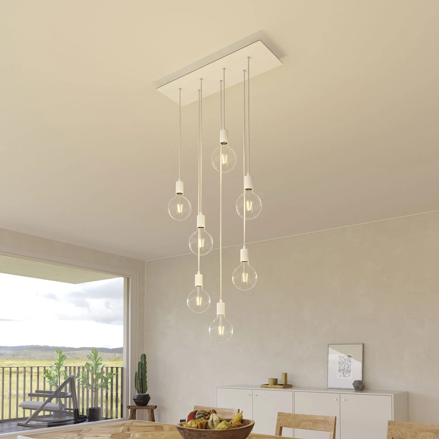 Lampada a sospensione a 7 cadute con XXL Rose-One rettangolare 675 mm con finiture in metallo - Bianco opaco - Image 2