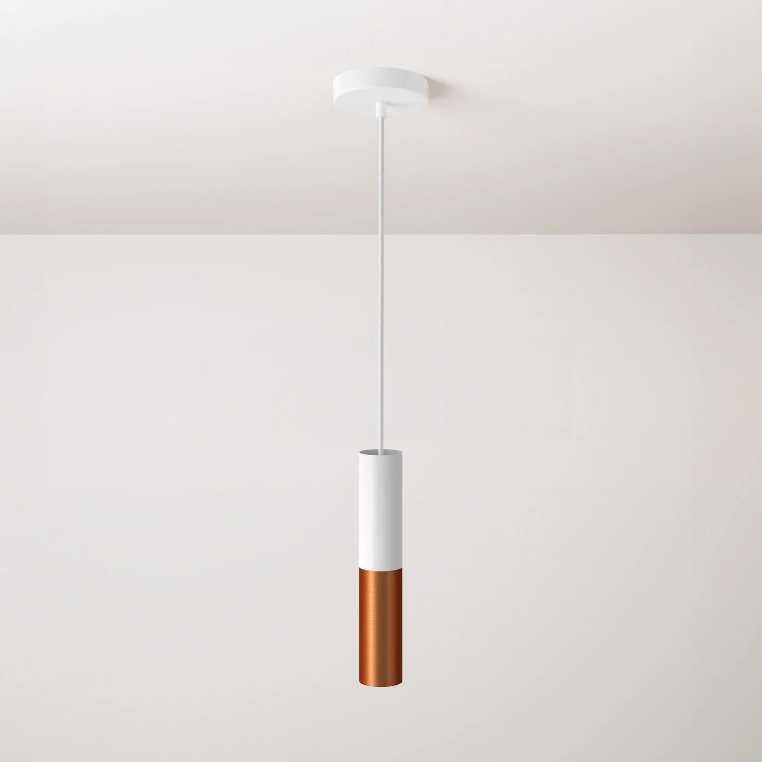 Lampada a sospensione completa di cavo tessile e doppio paralume Tub-E14 - Bianco opaco e Rame satinato