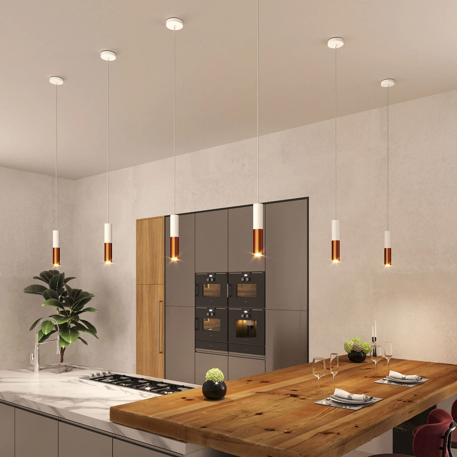 Lampada a sospensione completa di cavo tessile e doppio paralume Tub-E14 - Bianco opaco e Rame satinato - Image 2