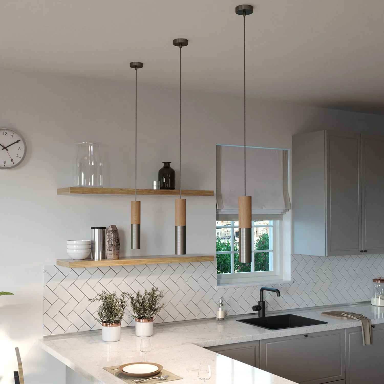 Lampada a sospensione completa di cavo tessile e doppio paralume Tub-E14 in legno e metallo - Titanio satinato - Image 3