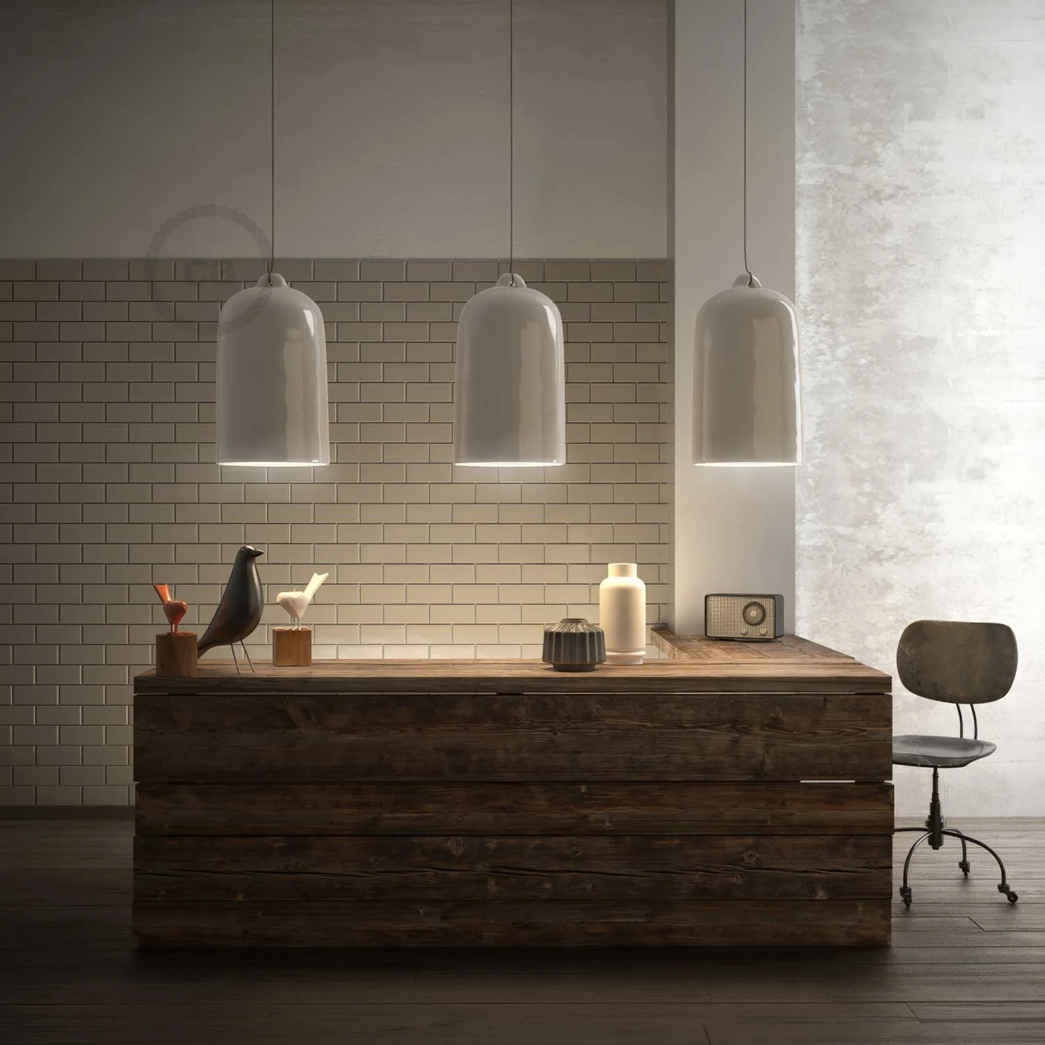 Lampada a sospensione completa di cavo tessile e paralume Campana XL in ceramica - Bianco lucido - Image 3