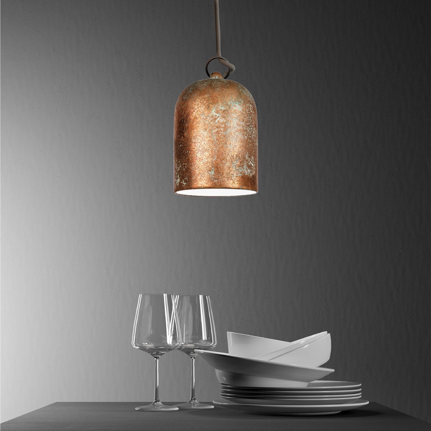 Lampada a sospensione completa di cavo tessile e paralume Mini Campana XS in ceramica - Effetto verde rame - Image 3