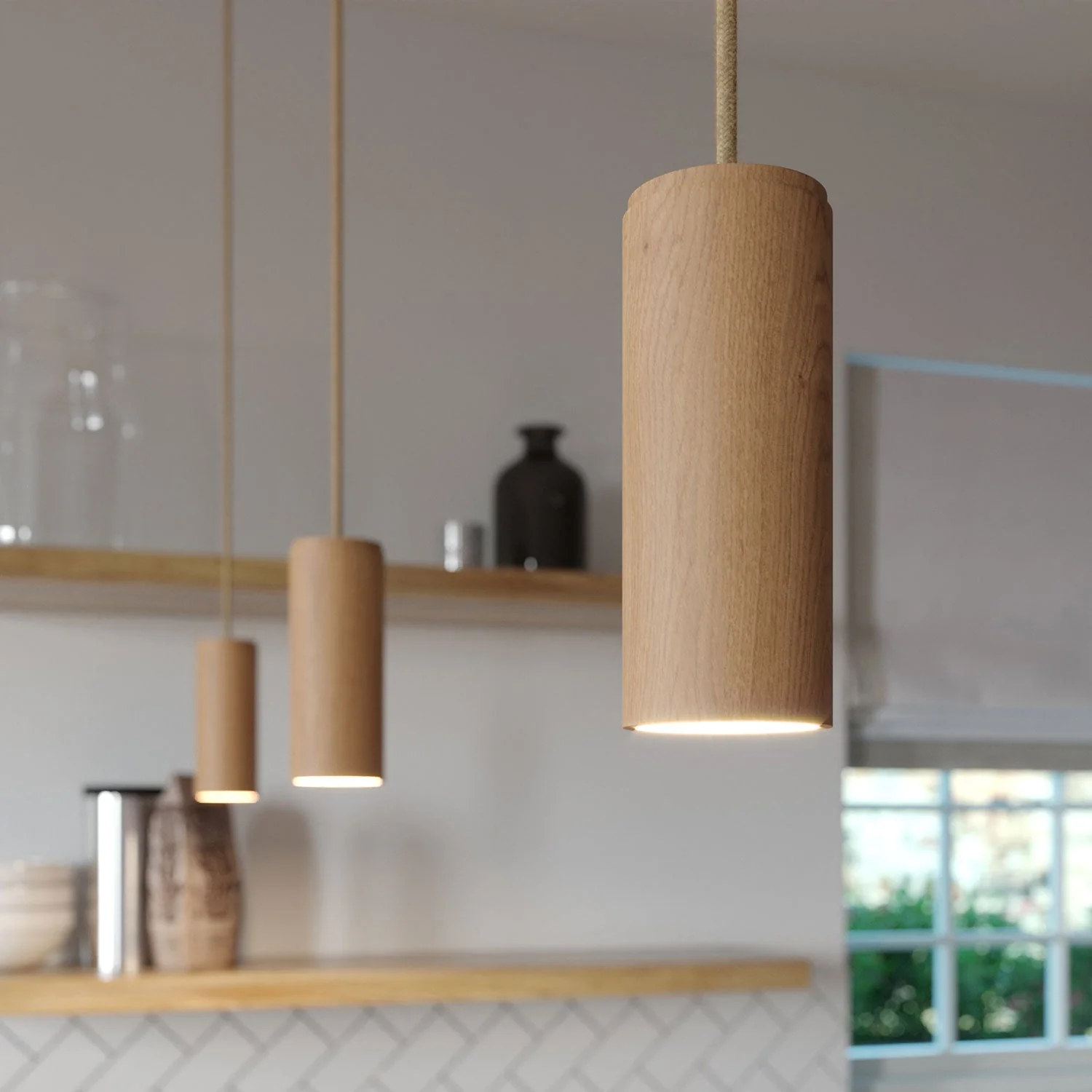 Lampada a sospensione completa di cavo tessile e paralume Tub-E14 in legno - Neutro - Image 3