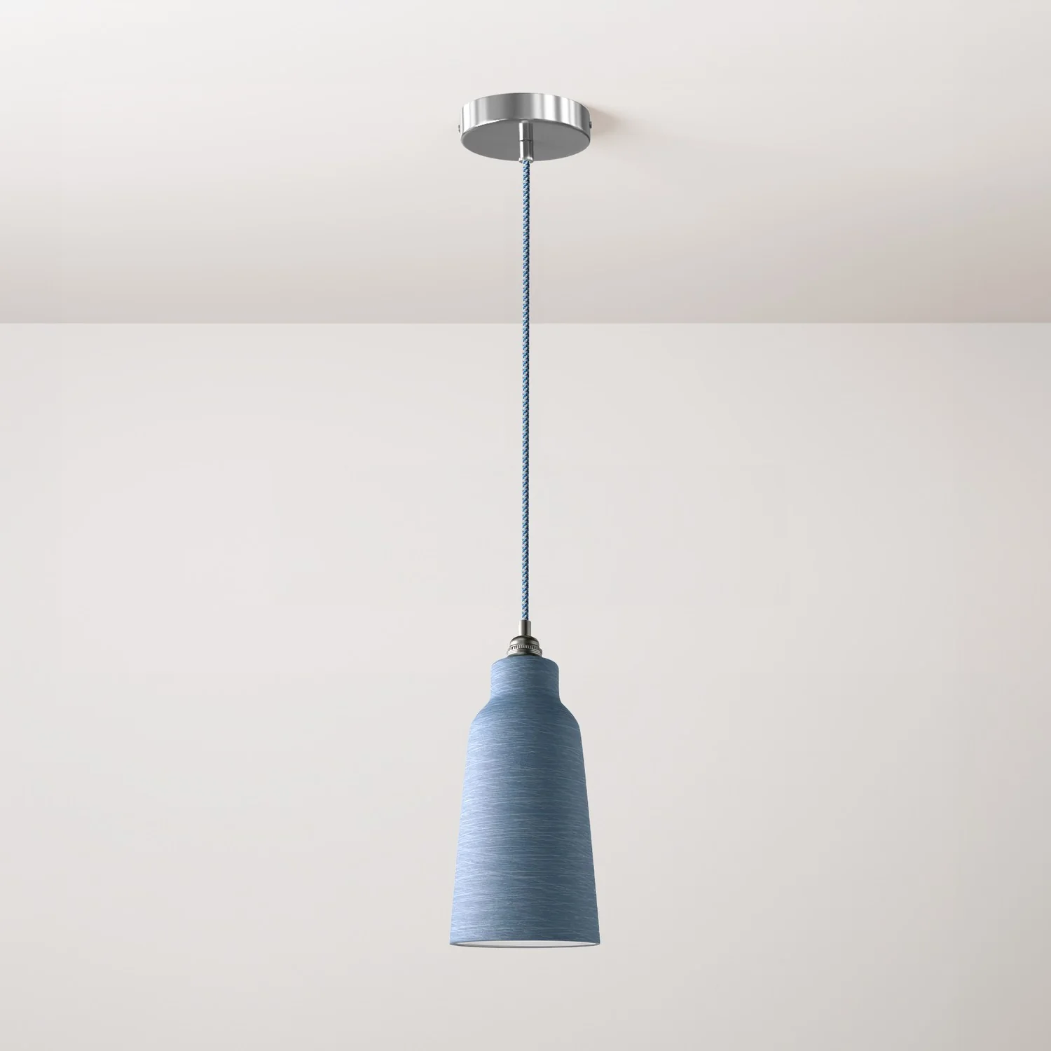 Lampada a sospensione completa di cavo tessile, paralume Bottiglia in ceramica e finiture in metallo - Avion striato