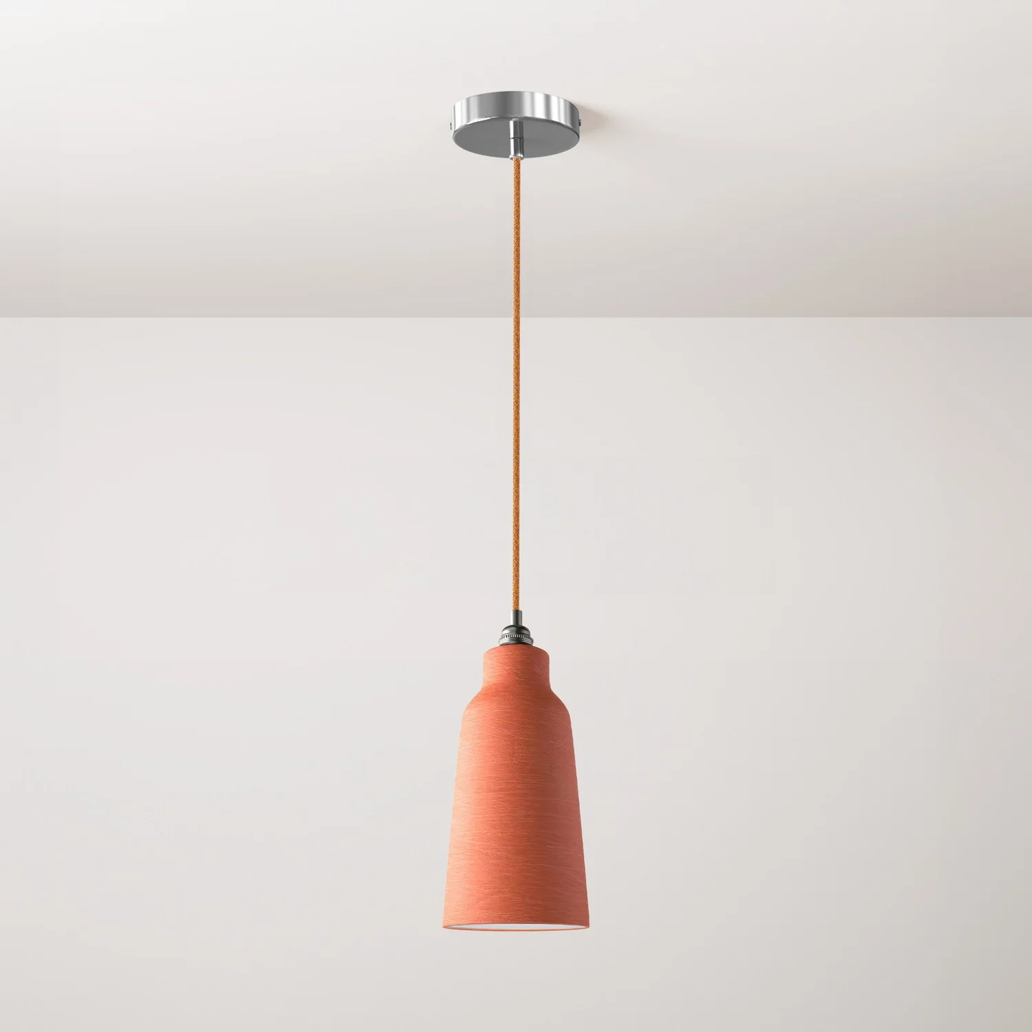 Lampada a sospensione completa di cavo tessile, paralume Bottiglia in ceramica e finiture in metallo - Corallo striato