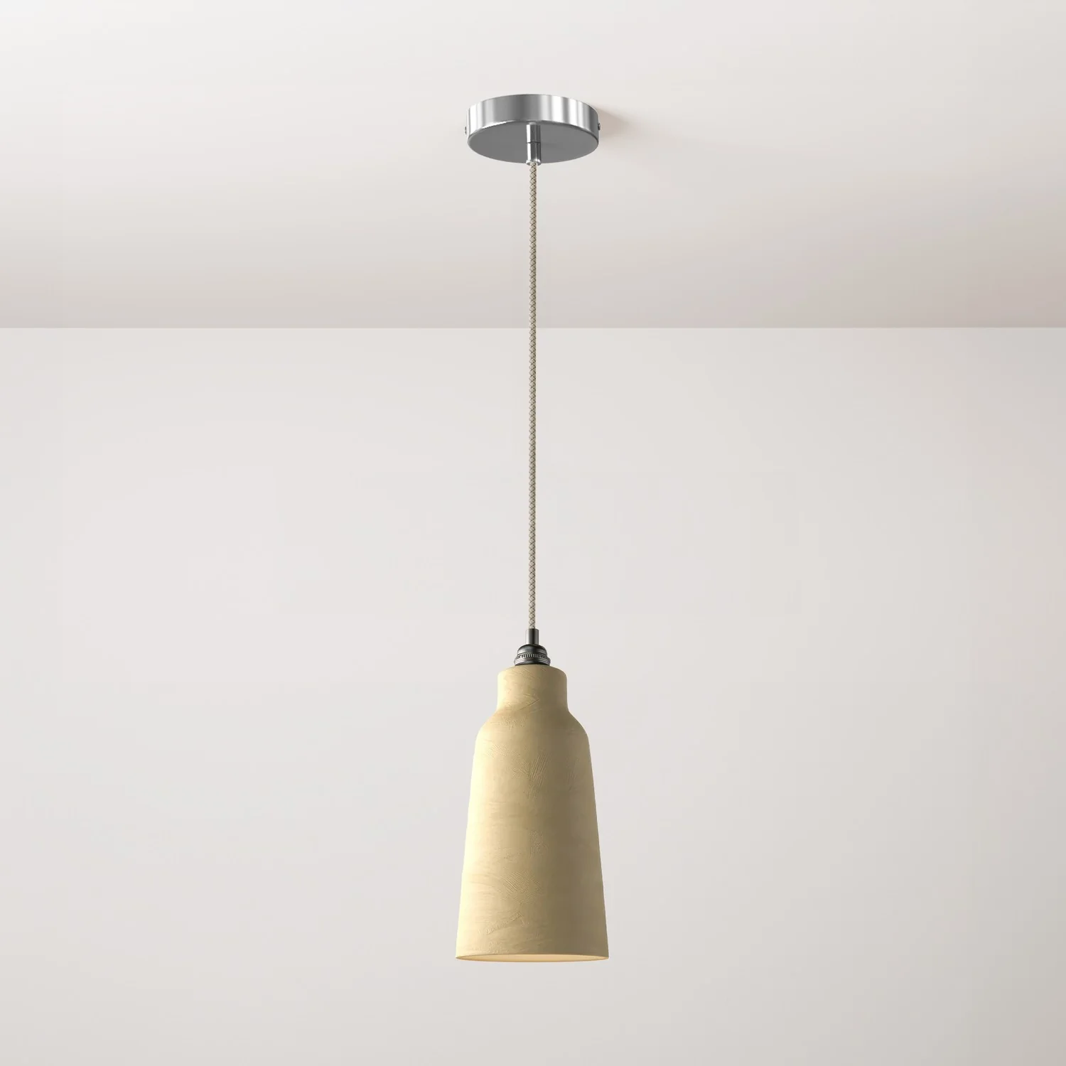 Lampada a sospensione completa di cavo tessile, paralume Bottiglia in ceramica e finiture in metallo - Tortora striato