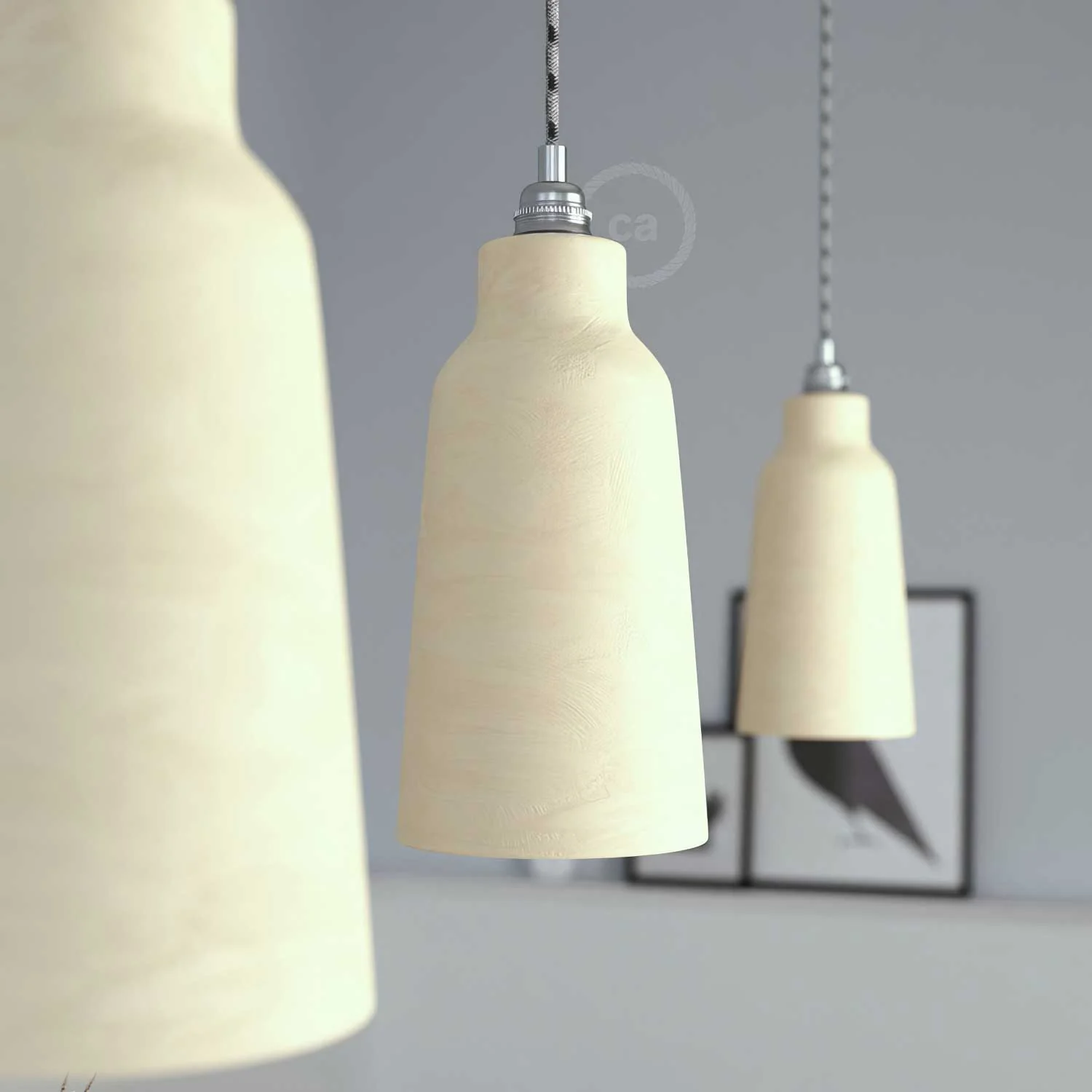 Lampada a sospensione completa di cavo tessile, paralume Bottiglia in ceramica e finiture in metallo - Tortora striato - Image 3