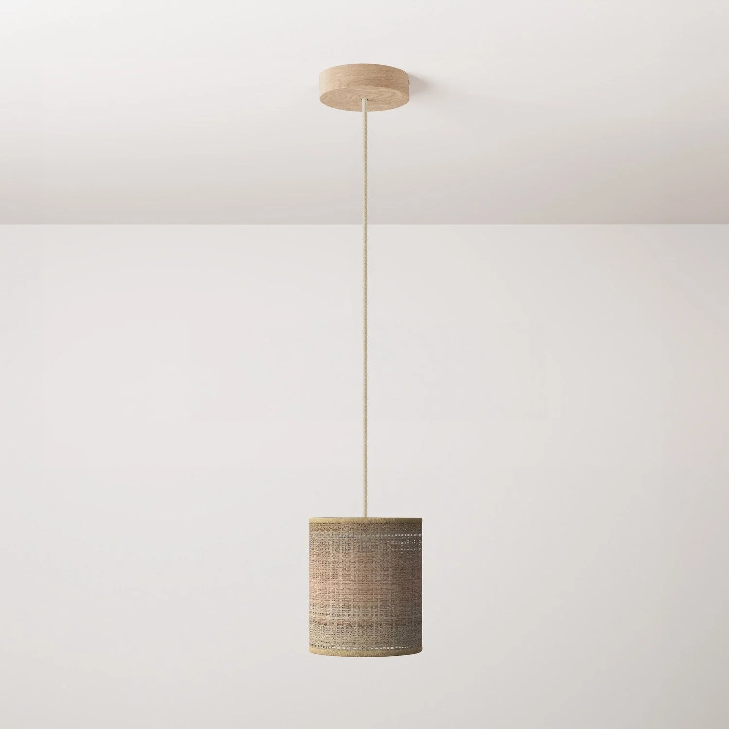 Lampada a sospensione completa di cavo tessile, paralume Cilindro in rafia e finiture in metallo - Rafia naturale