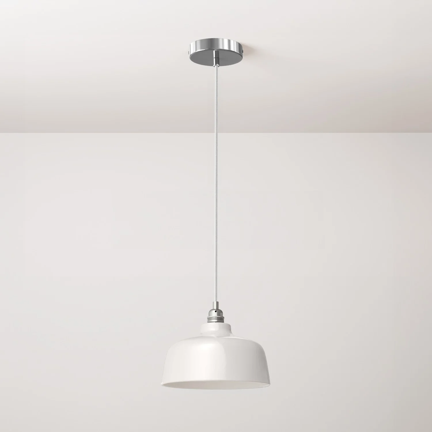 Lampada a sospensione completa di cavo tessile, paralume Coppa in ceramica e finiture in metallo - Bianco lucido