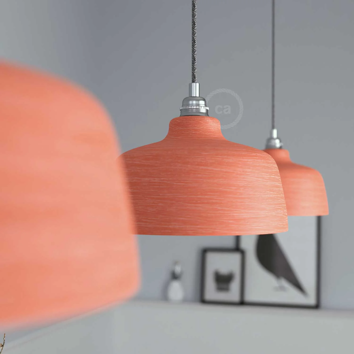 Lampada a sospensione completa di cavo tessile, paralume Coppa in ceramica e finiture in metallo - Corallo striato - Image 3