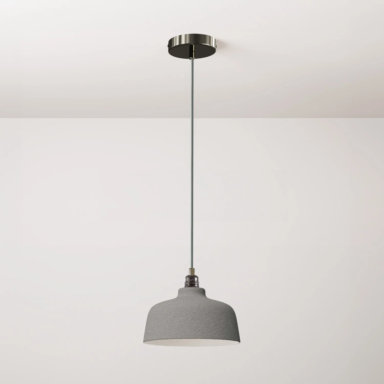 Lampada a sospensione completa di cavo tessile, paralume Coppa in ceramica e finiture in metallo - Effetto cemento