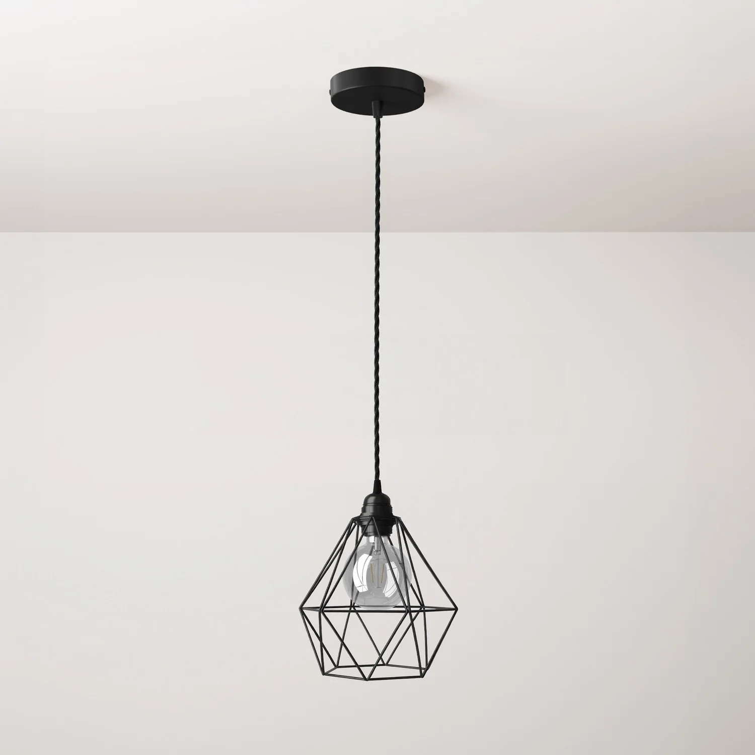 Lampada a sospensione completa di cavo tessile, paralume gabbia Diamond e finiture in metallo - Nero