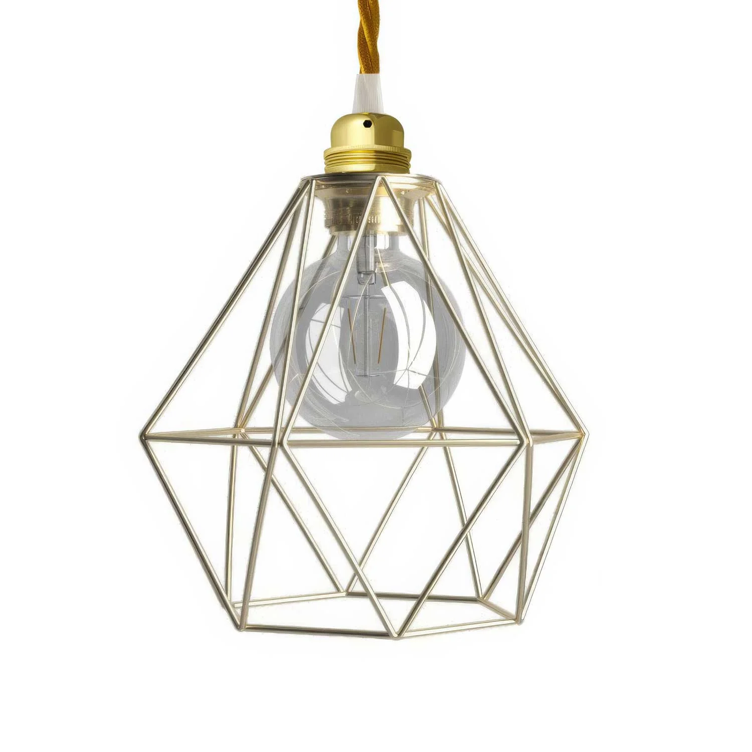 Lampada a sospensione completa di cavo tessile, paralume gabbia Diamond e finiture in metallo - Ottone