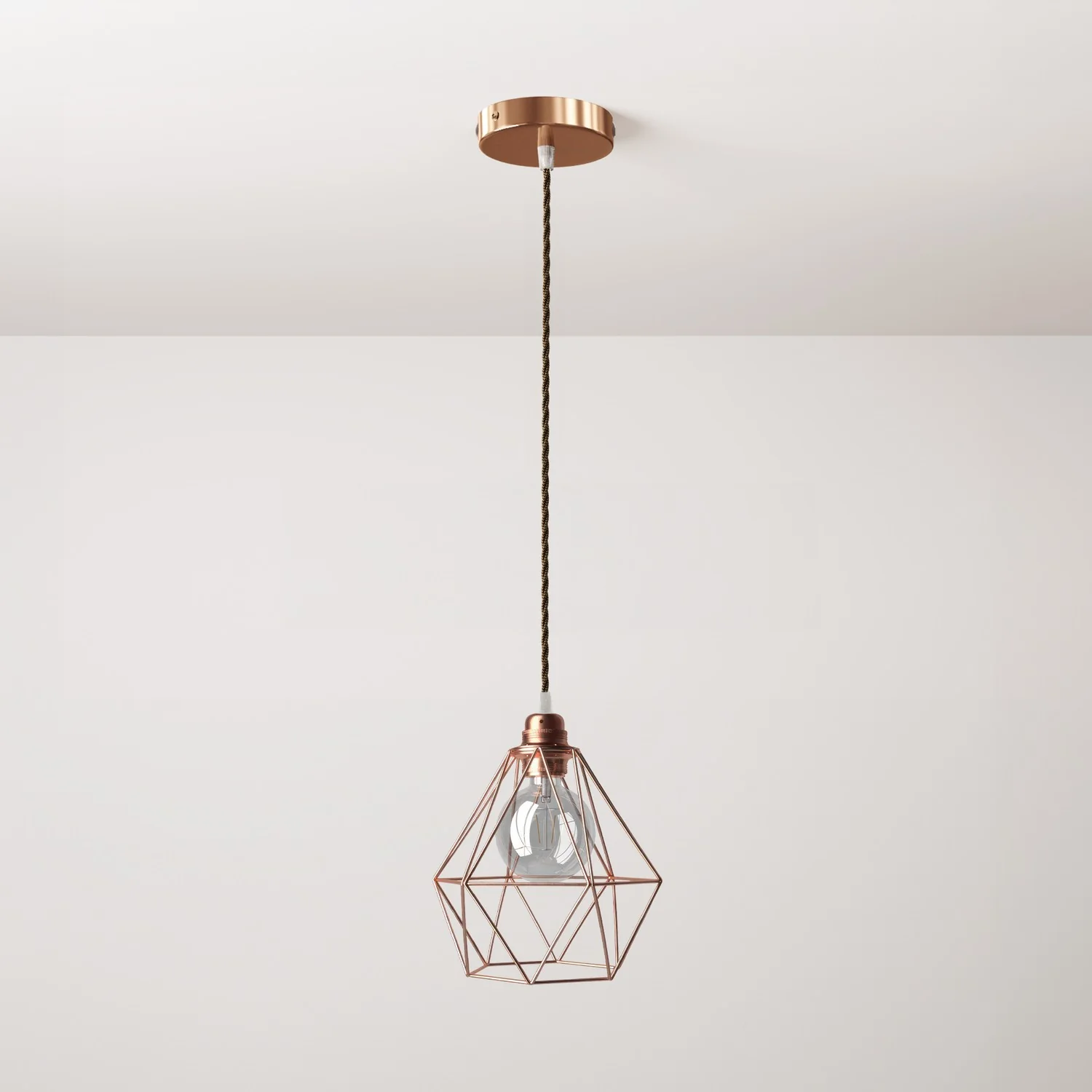 Lampada a sospensione completa di cavo tessile, paralume gabbia Diamond e finiture in metallo - Rame