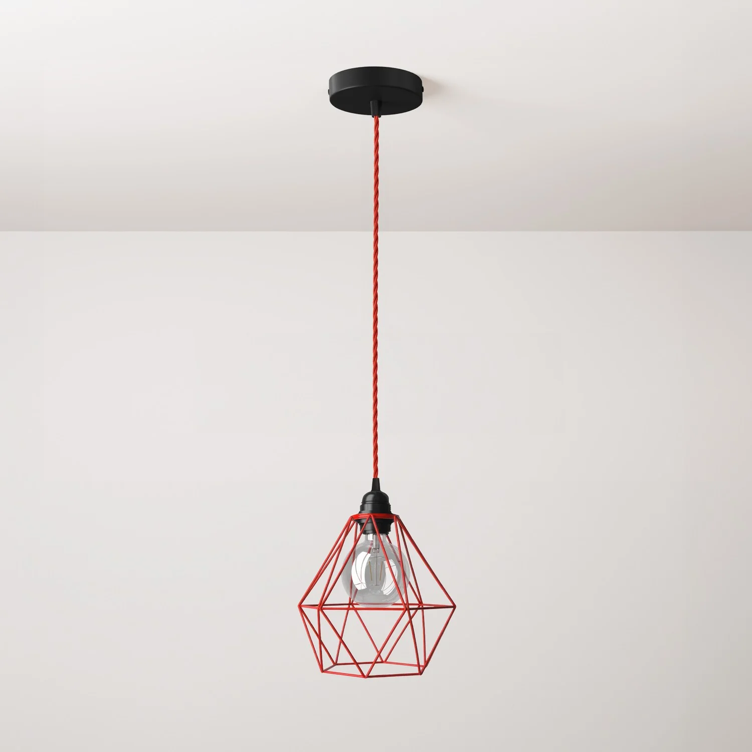 Lampada a sospensione completa di cavo tessile, paralume gabbia Diamond e finiture in metallo - Rosso