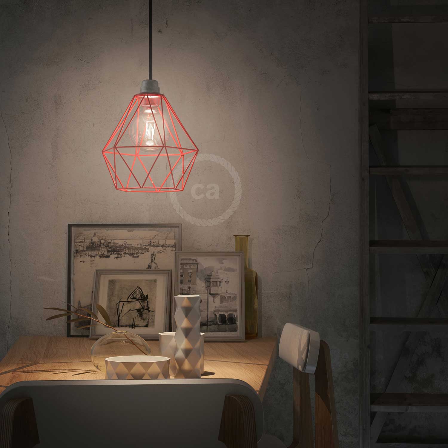 Lampada a sospensione completa di cavo tessile, paralume gabbia Diamond e finiture in metallo - Rosso - Image 2