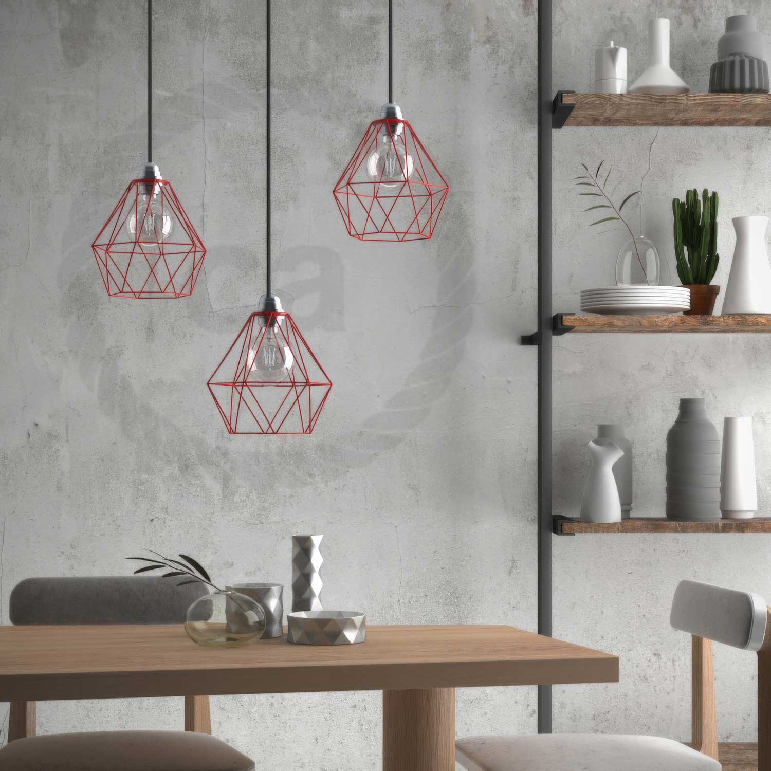 Lampada a sospensione completa di cavo tessile, paralume gabbia Diamond e finiture in metallo - Rosso - Image 3